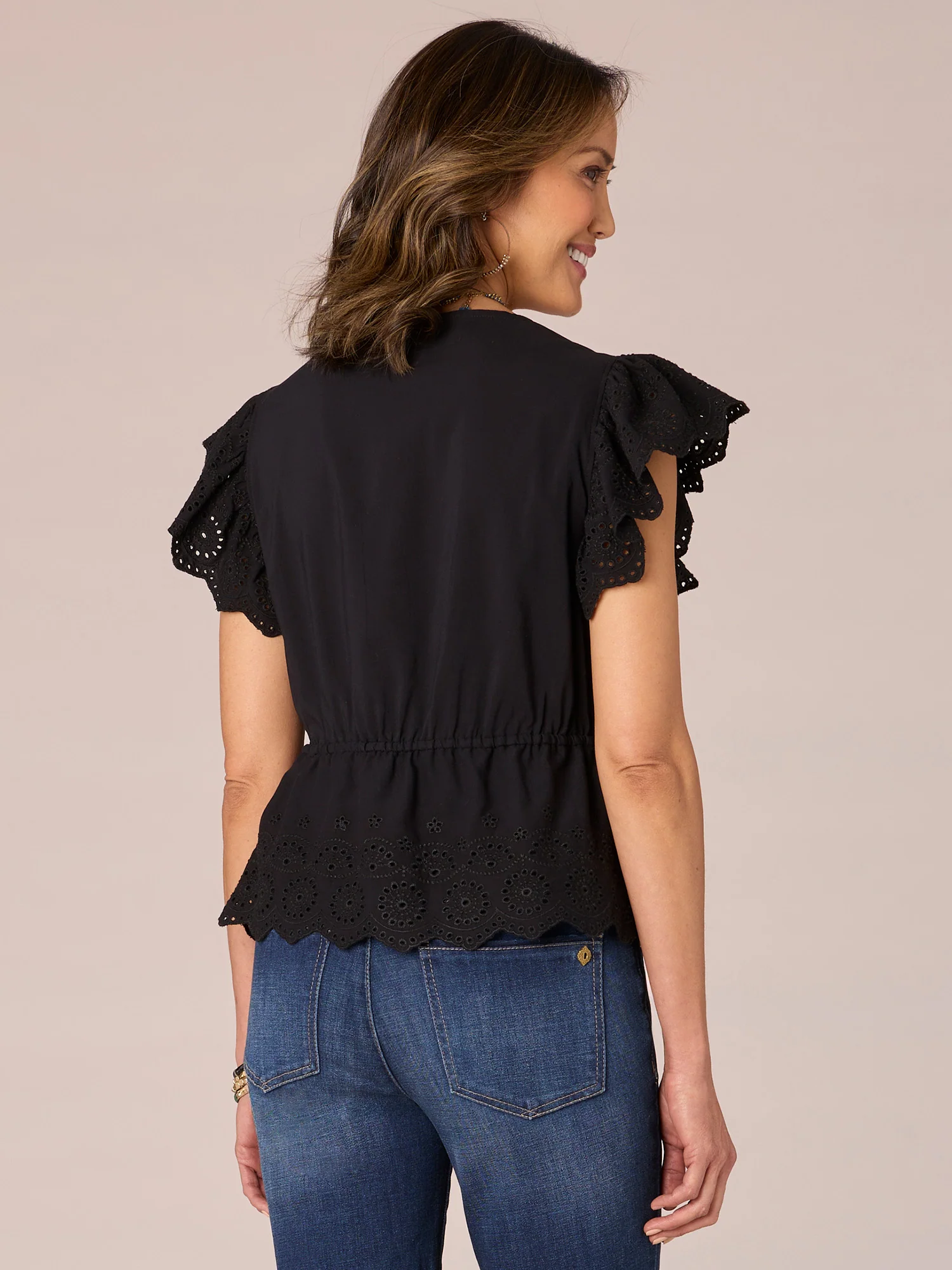 Short Flounce Sleeve V-Neck Embroidered Peplum Woven Top - Legahigh