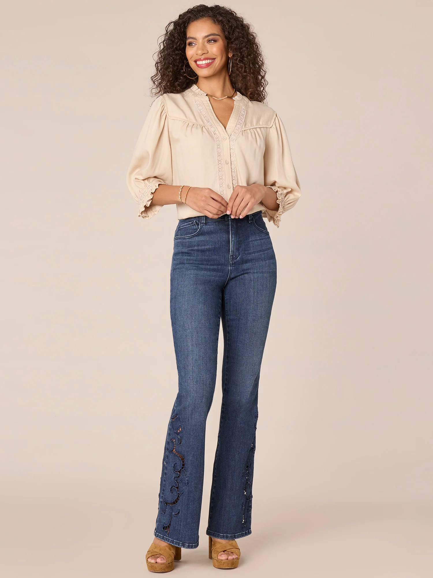 Below Elbow Sleeve Ruffle Edge Neck Crochet Button Down Woven Top - Legahigh