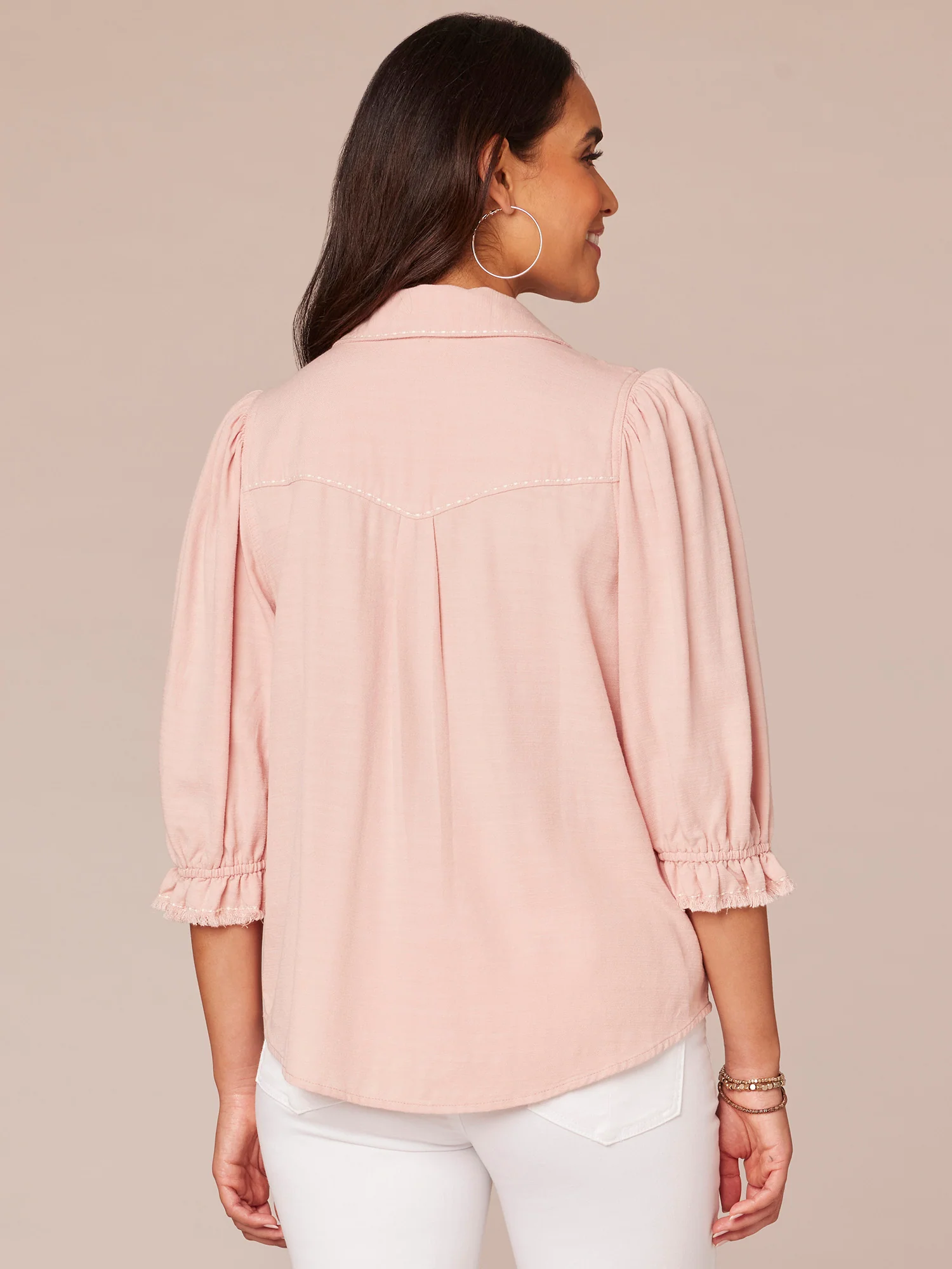 Below Elbow Sleeve Collar V-Neck Western Yoke Snap Button Woven Shirt - Legahigh