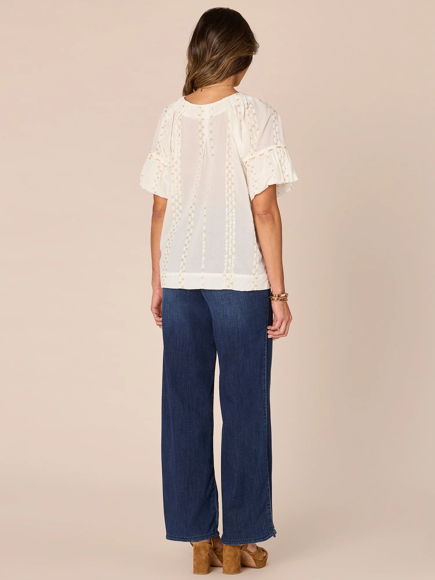 Bubble Sleeve Spliced V-Neck Embroidered Placket Petite Woven Top - Legahigh