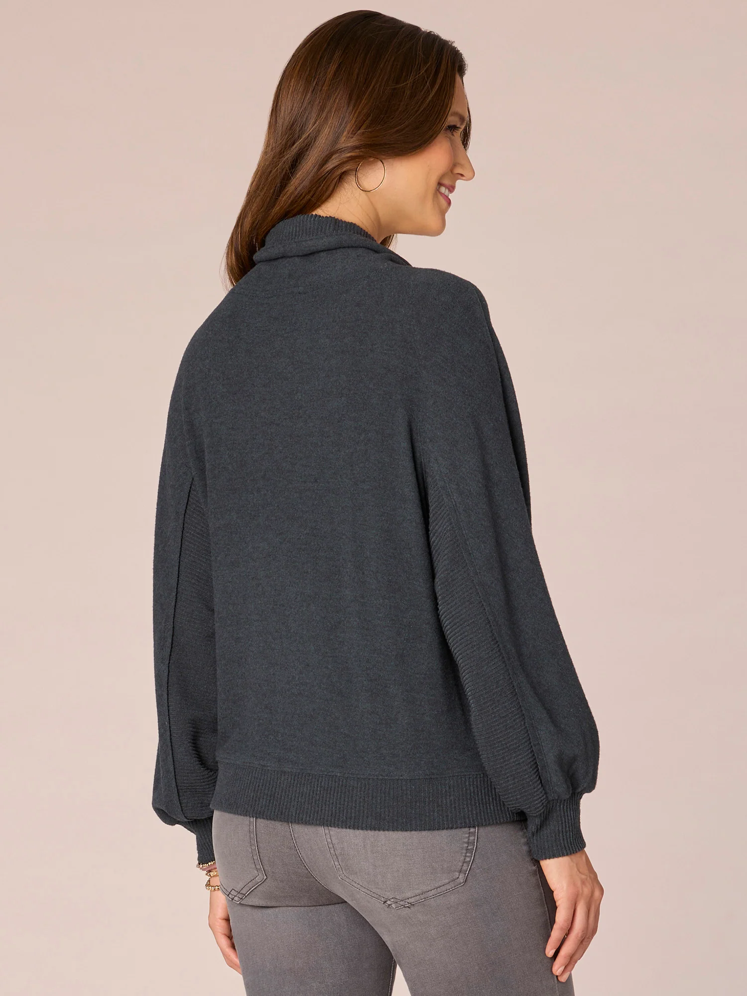 Long Sleeve Double Pocket Petite Knit Top with Funnel Neck Ties - Legahigh