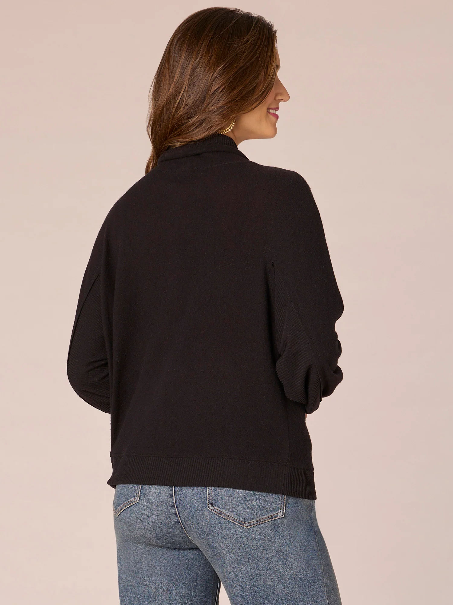 Long Blouson Sleeve Funnel Neck Double Pocket Knit Top with Ties - Legahigh