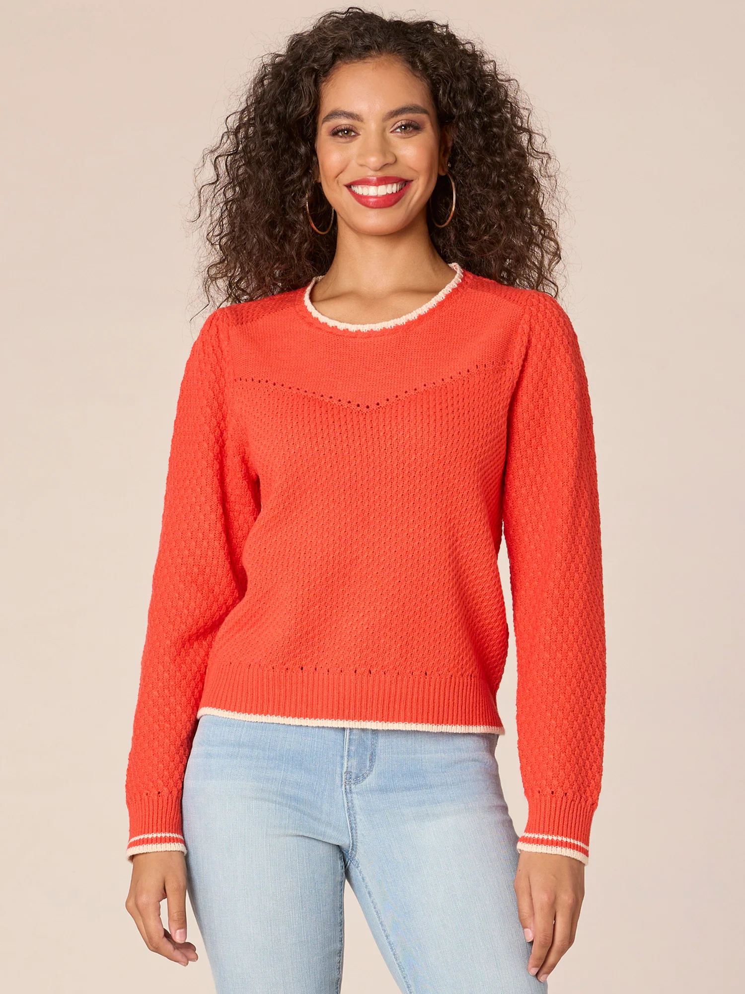 Long Puff Sleeve Round Neck V-Yoke Mixed Stitch Sweater - Legahigh