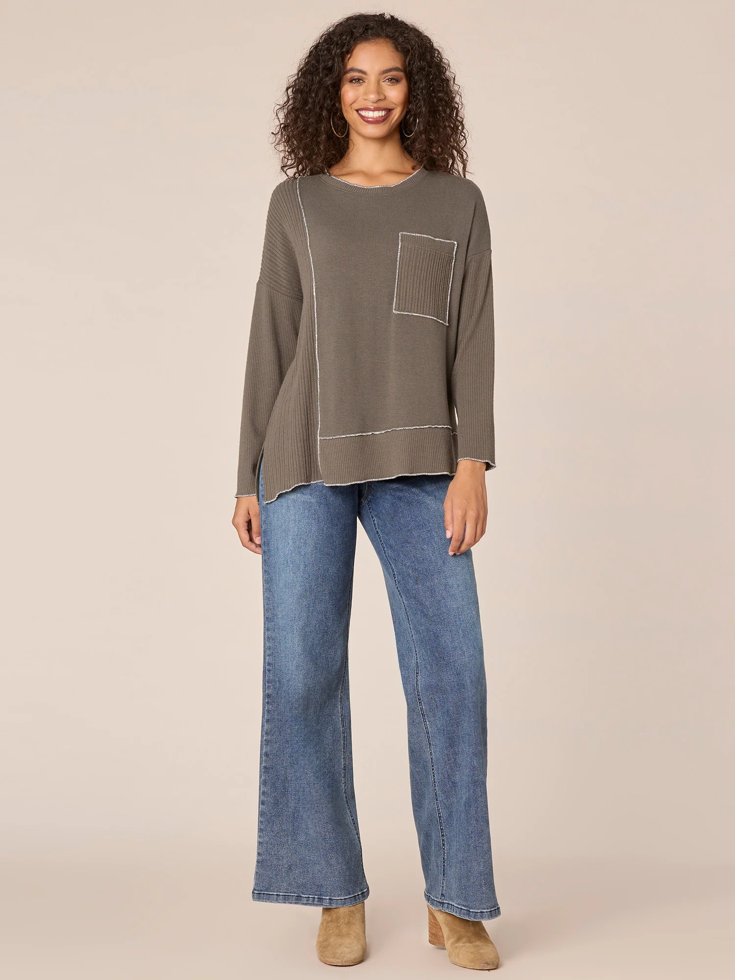 Long Sleeve Scoop Neck Asymmetrical Hem Mixed Media Knit Top - Legahigh