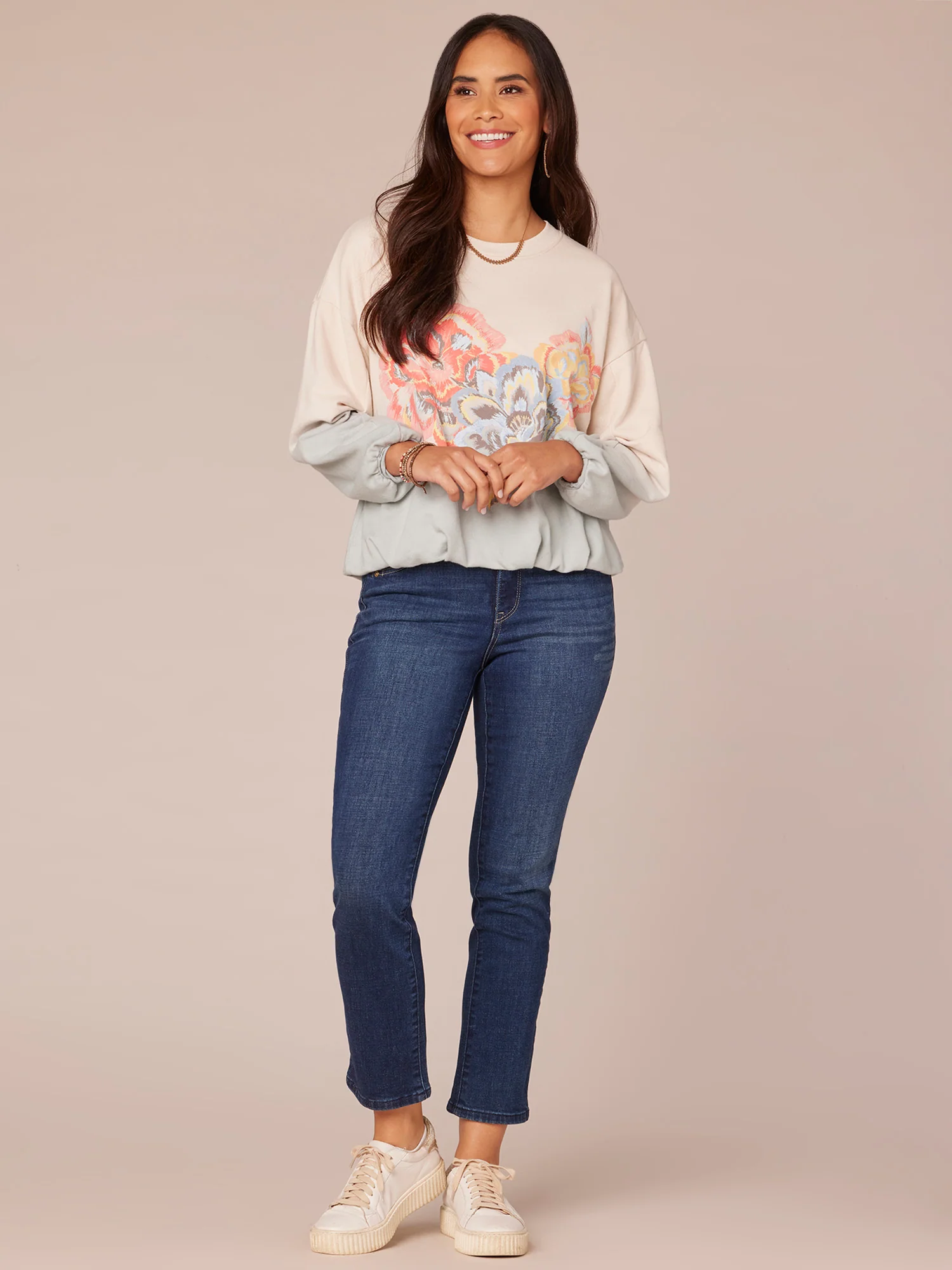 Long Sleeve Crew Neck Dip Dye Screen Print Bubble Hem Knit Sweatshirt - Legahigh