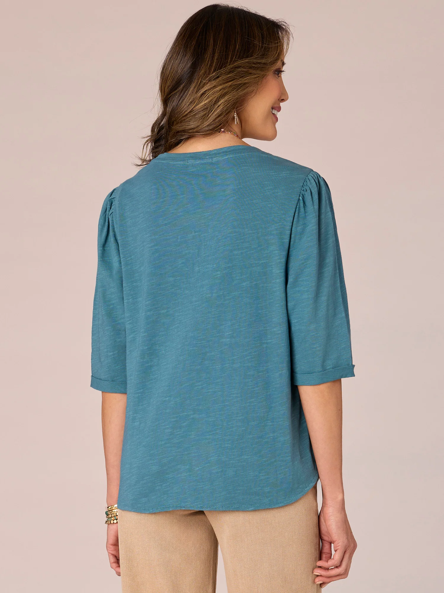 Elbow Puff Sleeve Round Neck Embroidered Die Cut Front Woven Top - Legahigh