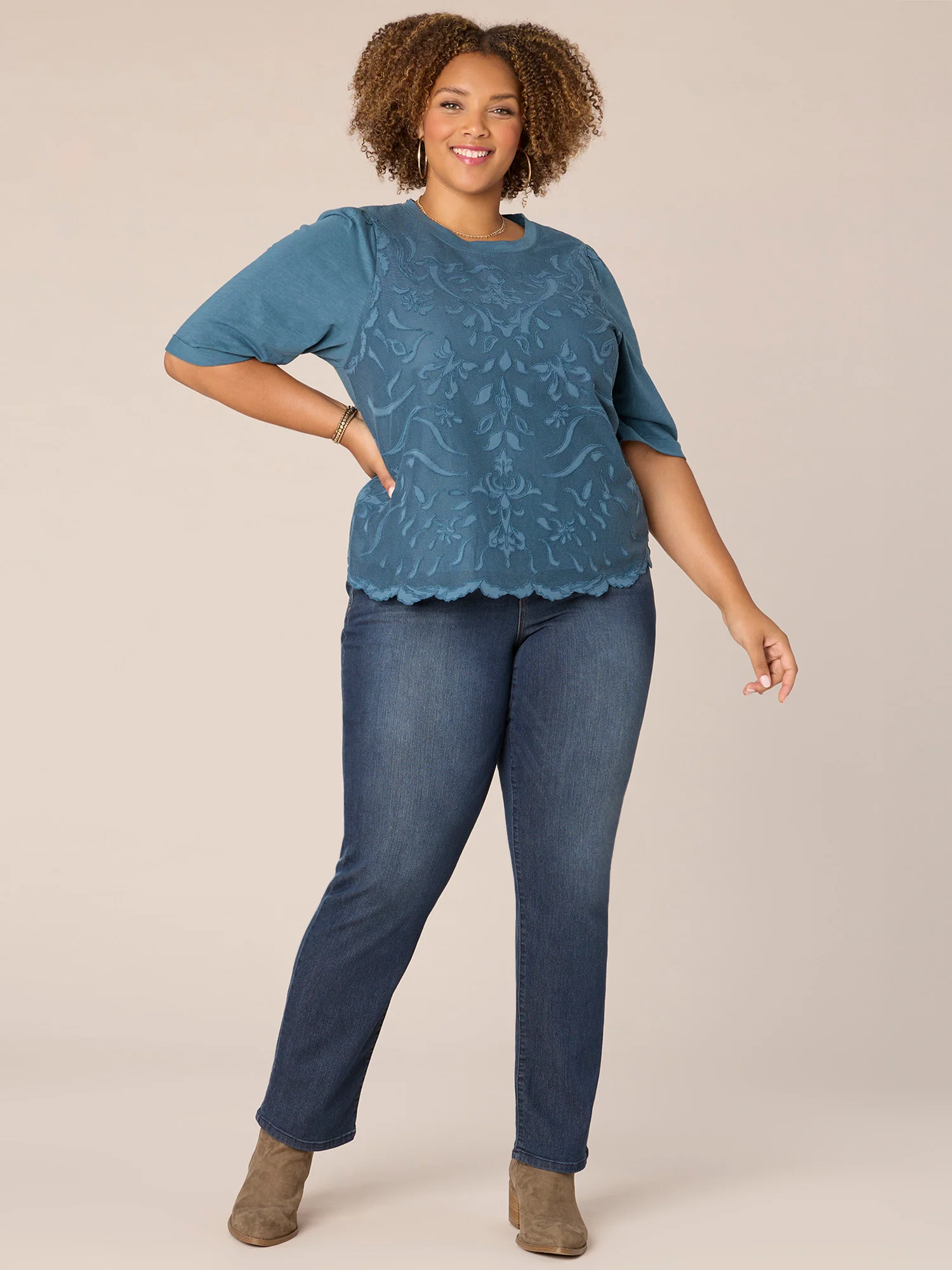 Elbow Puff Sleeve Round Neck Embroidered Plus Size Woven Top - Legahigh
