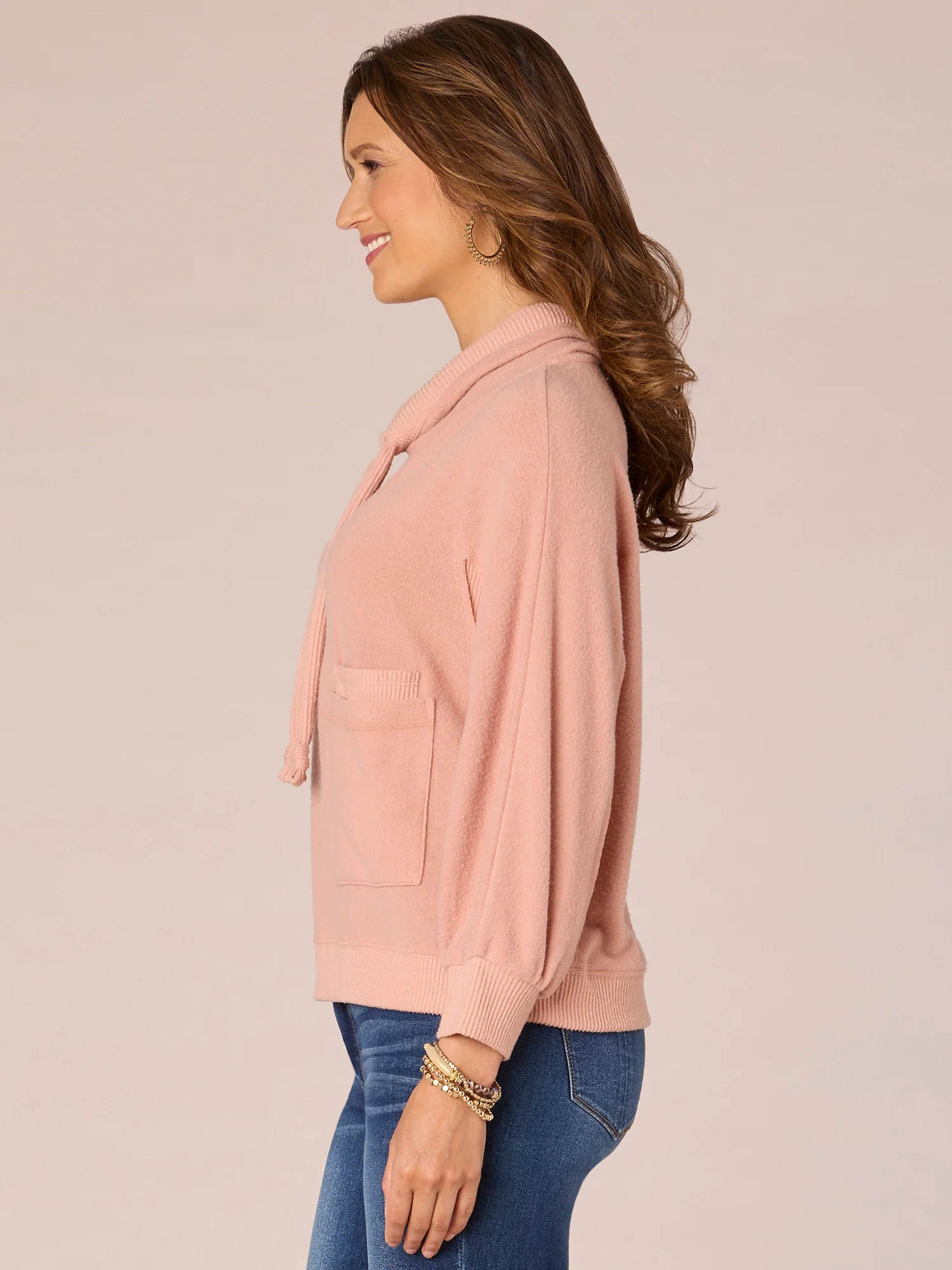 Long Blouson Sleeve Funnel Neck Double Pocket Knit Top with Ties - Legahigh