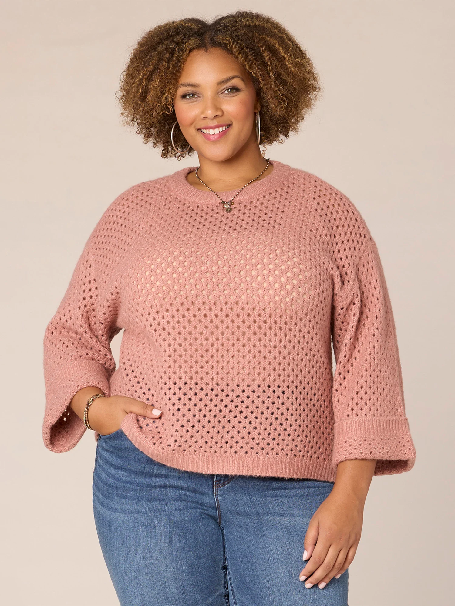 Long Sleeve Round Neck Open Work Plus Size Sweater - Legahigh