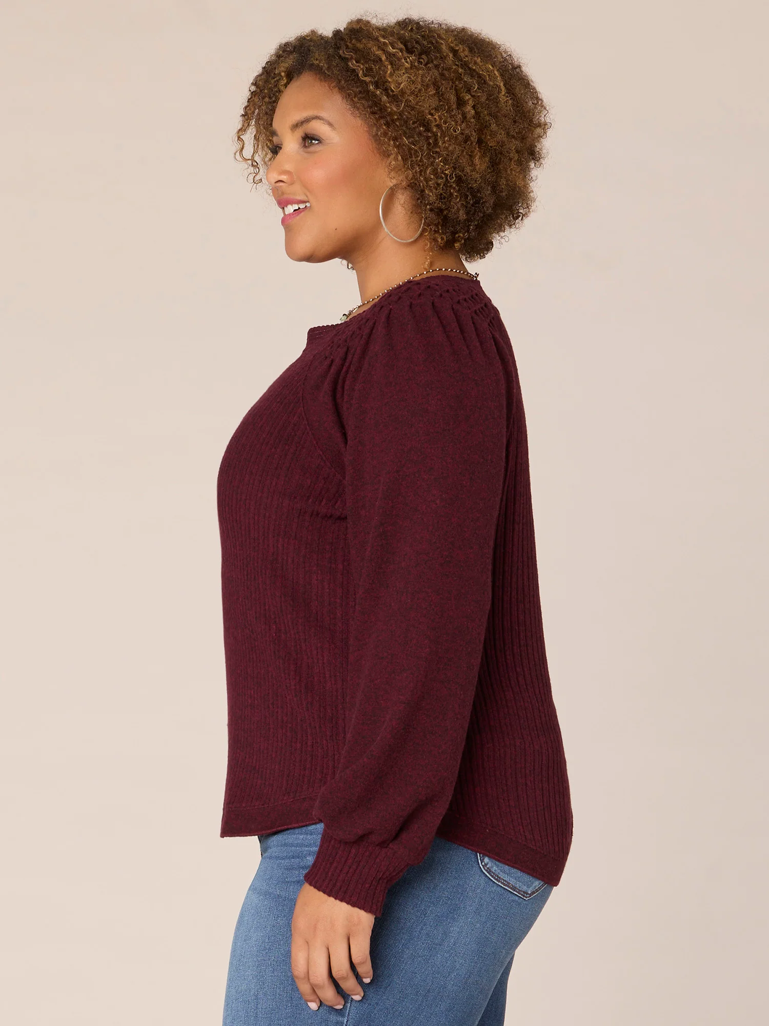 Long Smocked Sleeve Mandarin Collar Half Placket Plus Size Knit Top - Legahigh