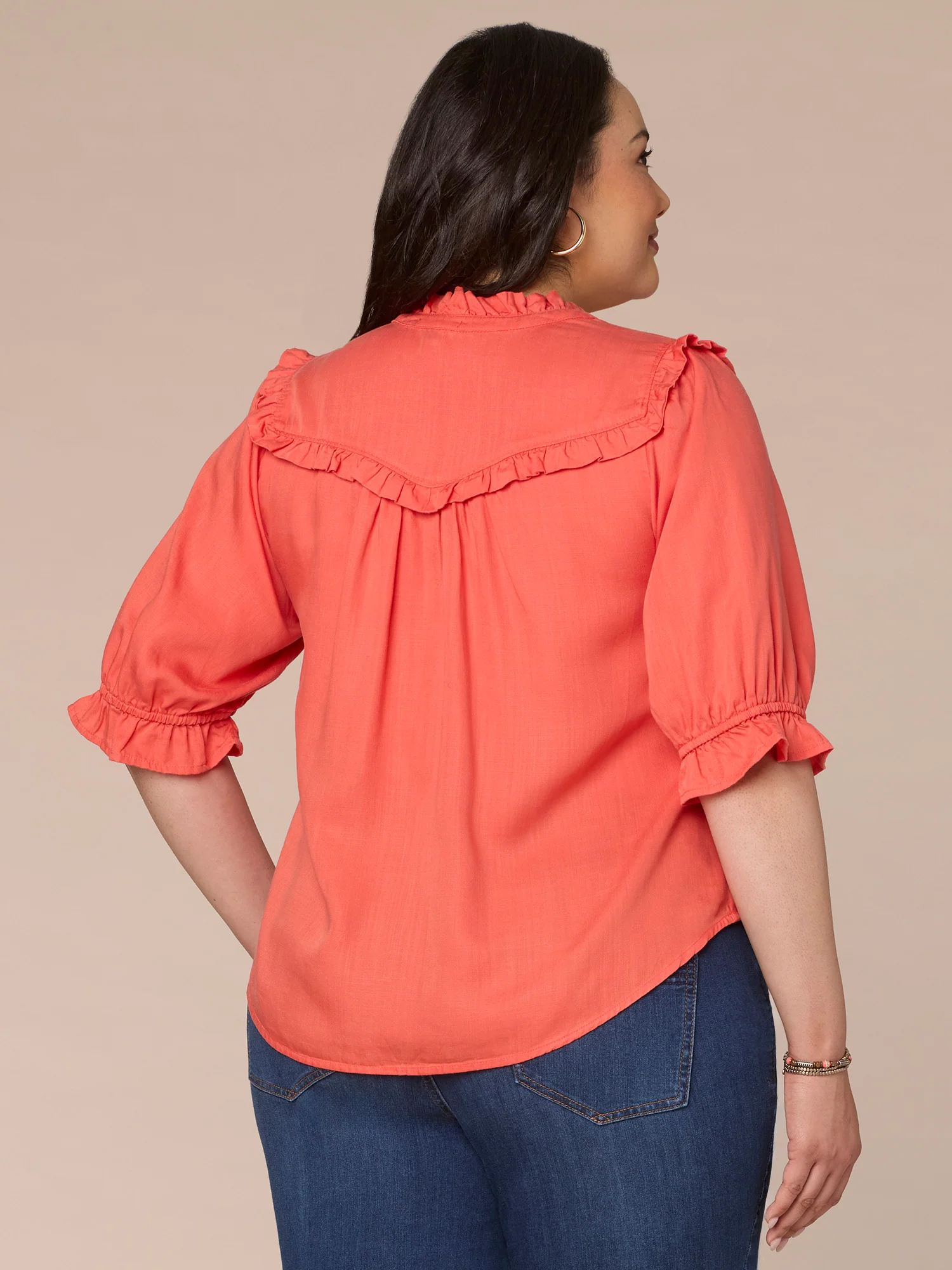 Elbow Sleeve Ruffle Edge V-Neck Button Down Plus Size Woven Shirt - Legahigh