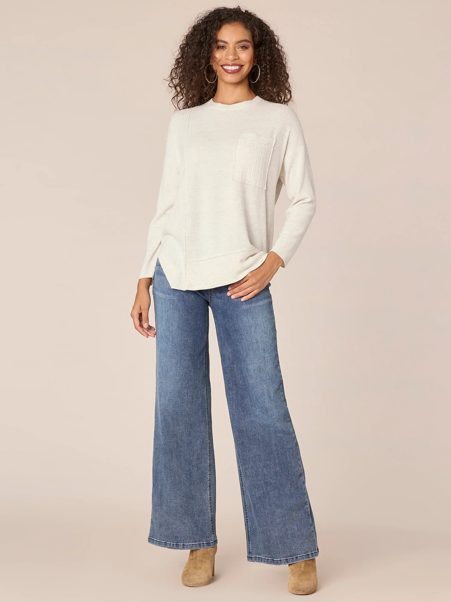 Long Sleeve Scoop Neck Asymmetrical Hem Mixed Media Knit Top - Legahigh