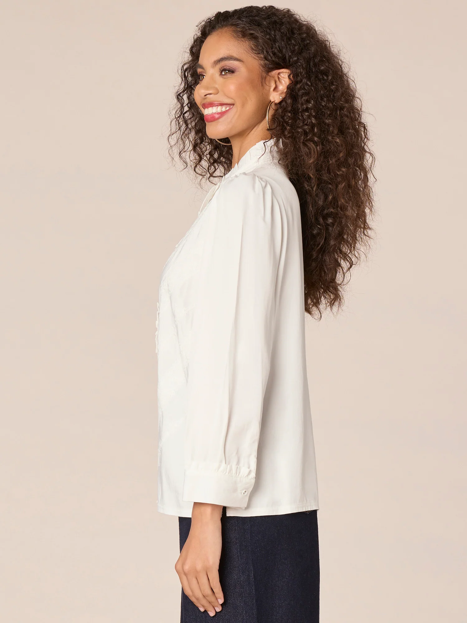 Three Quarter Puff Sleeve Stand Collar Cascading Ruffle Woven Top - Legahigh