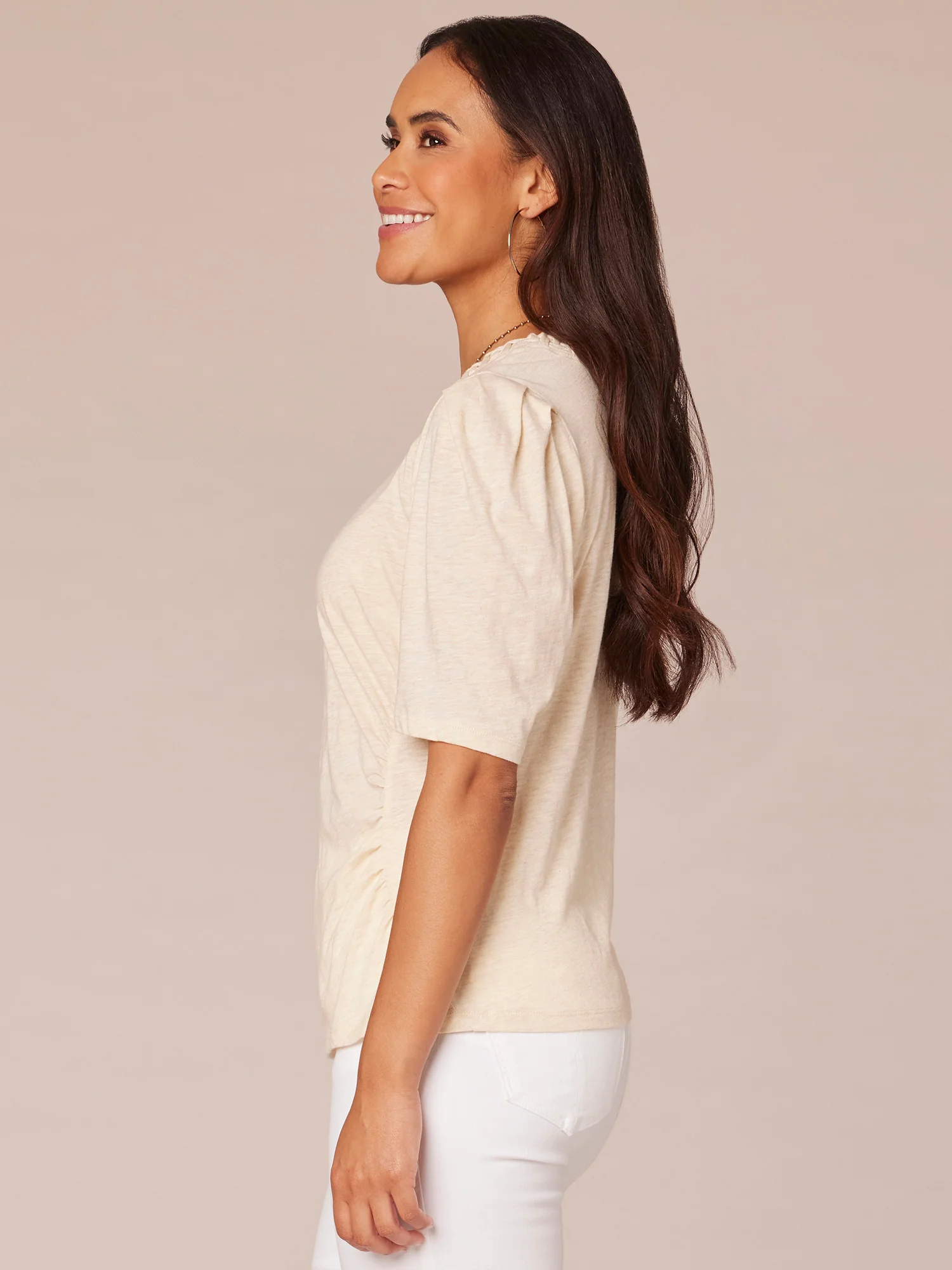 Pleated Elbow Sleeve Scoop Neck Knit Top with Soutache Detail - Legahigh