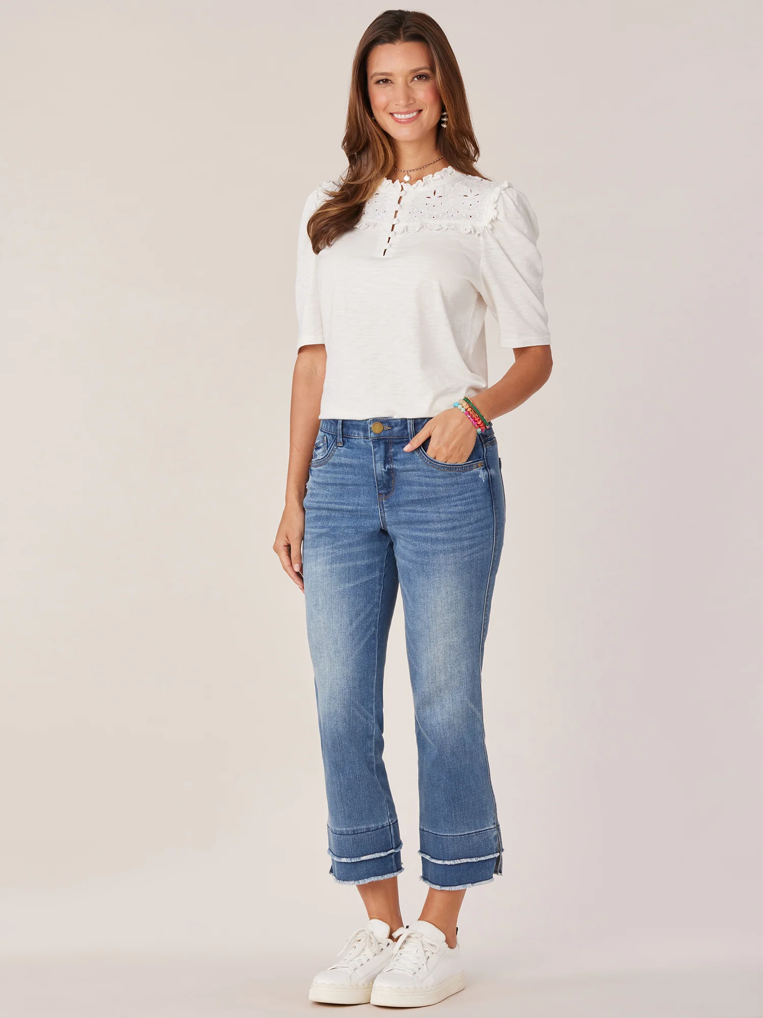 Round Ruffle Neck Elbow Puff Sleeve Half Button Down Knit Top - Legahigh