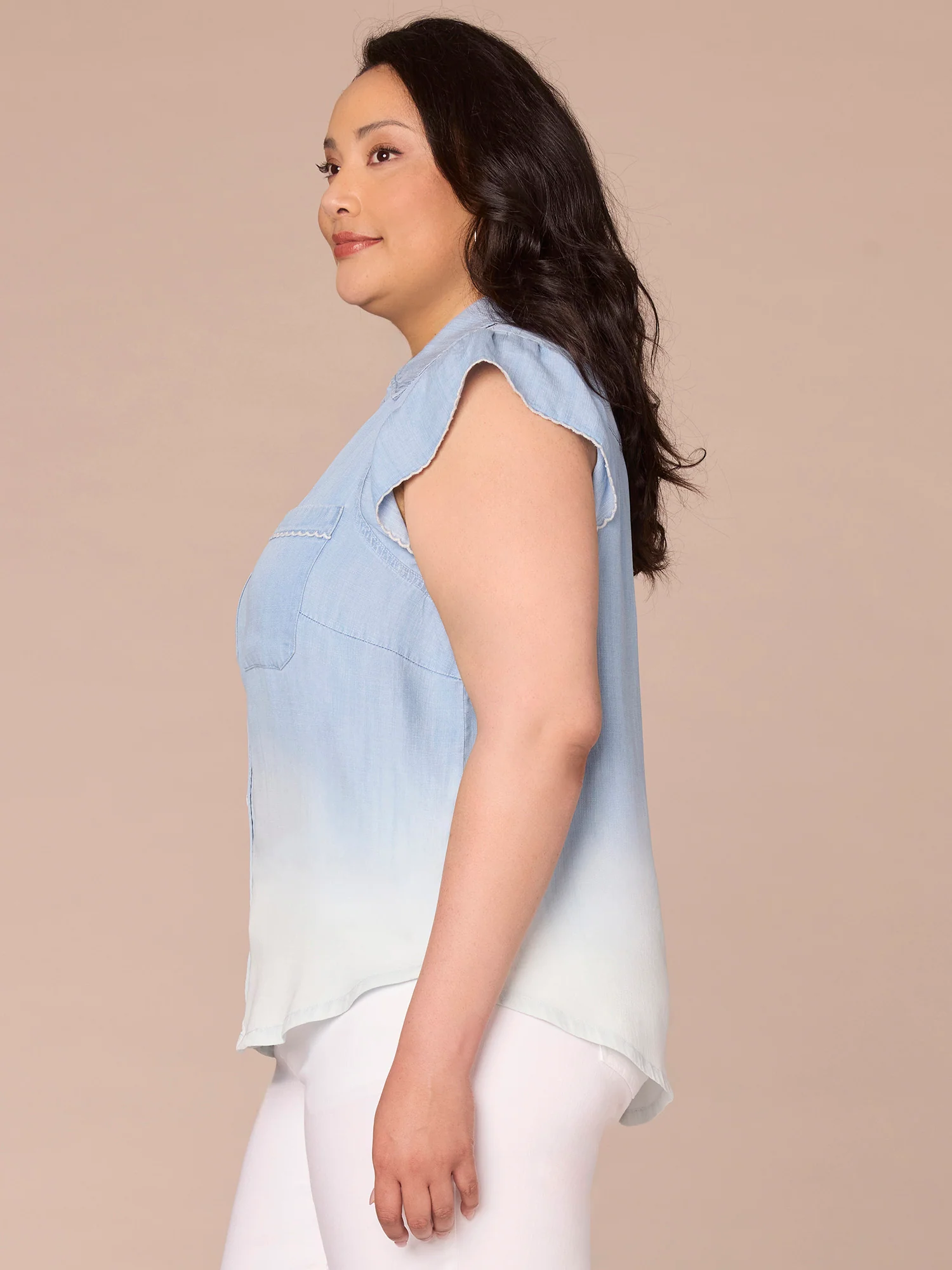 Flutter Sleeve Collared V-Neck Scallop Detail Plus Size Woven Shirt - Legahigh