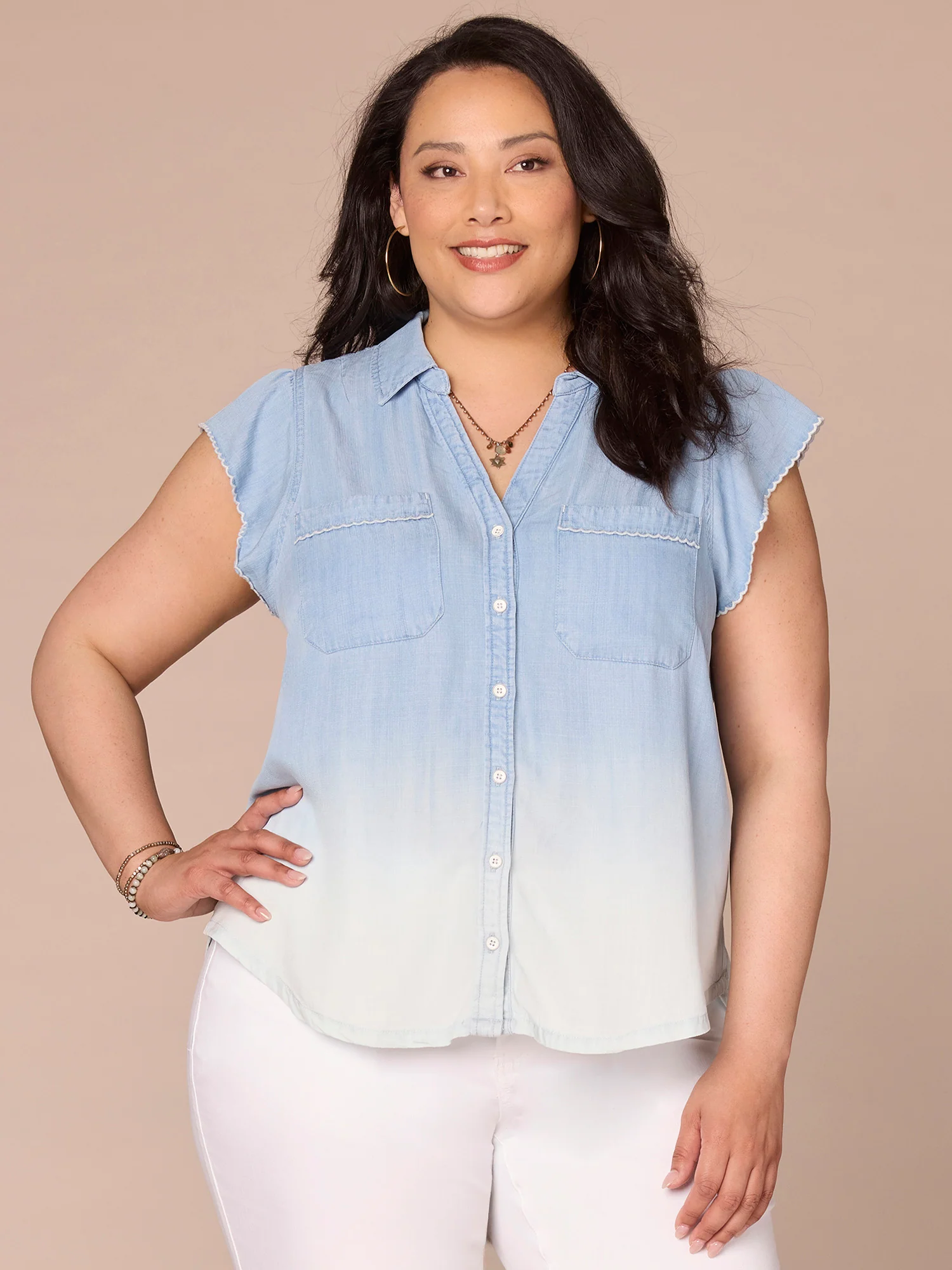 Flutter Sleeve Collared V-Neck Scallop Detail Plus Size Woven Shirt - Legahigh