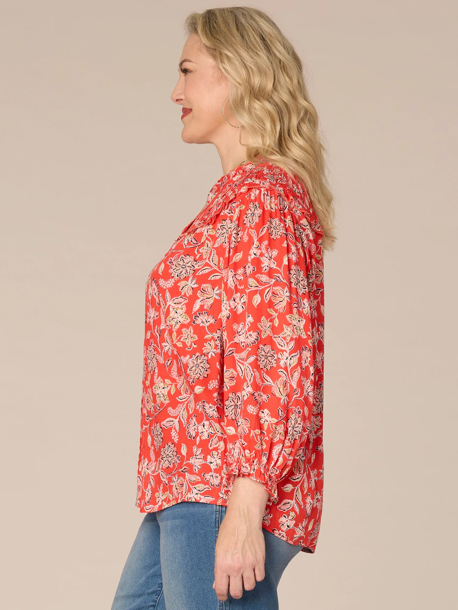 Blouson Sleeve V-Neck Crochet Button Down Printed Plus Size Woven Top - Legahigh