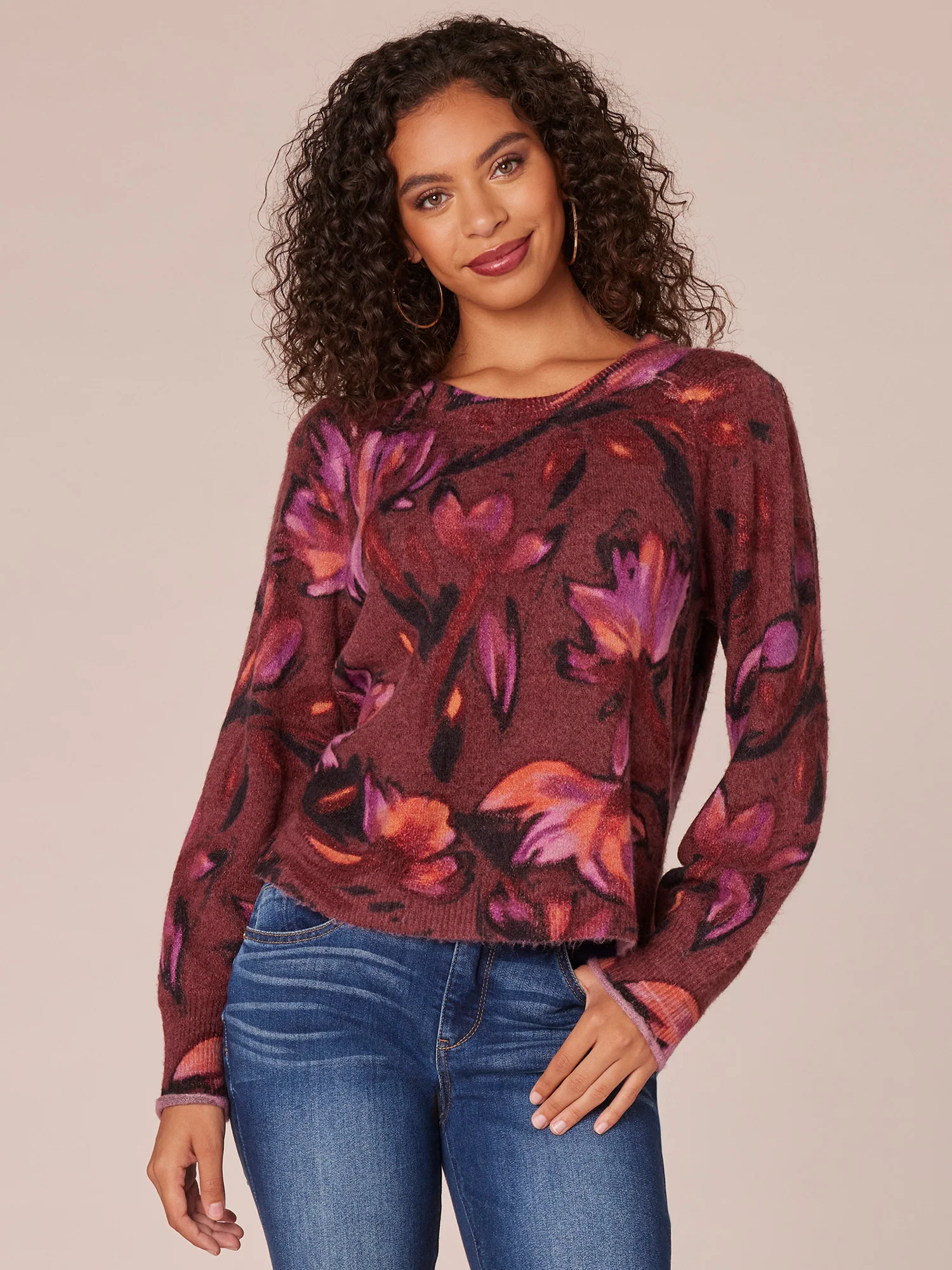 Long Puff Sleeve Round Neck Abstract Floral Print Sweater - Legahigh