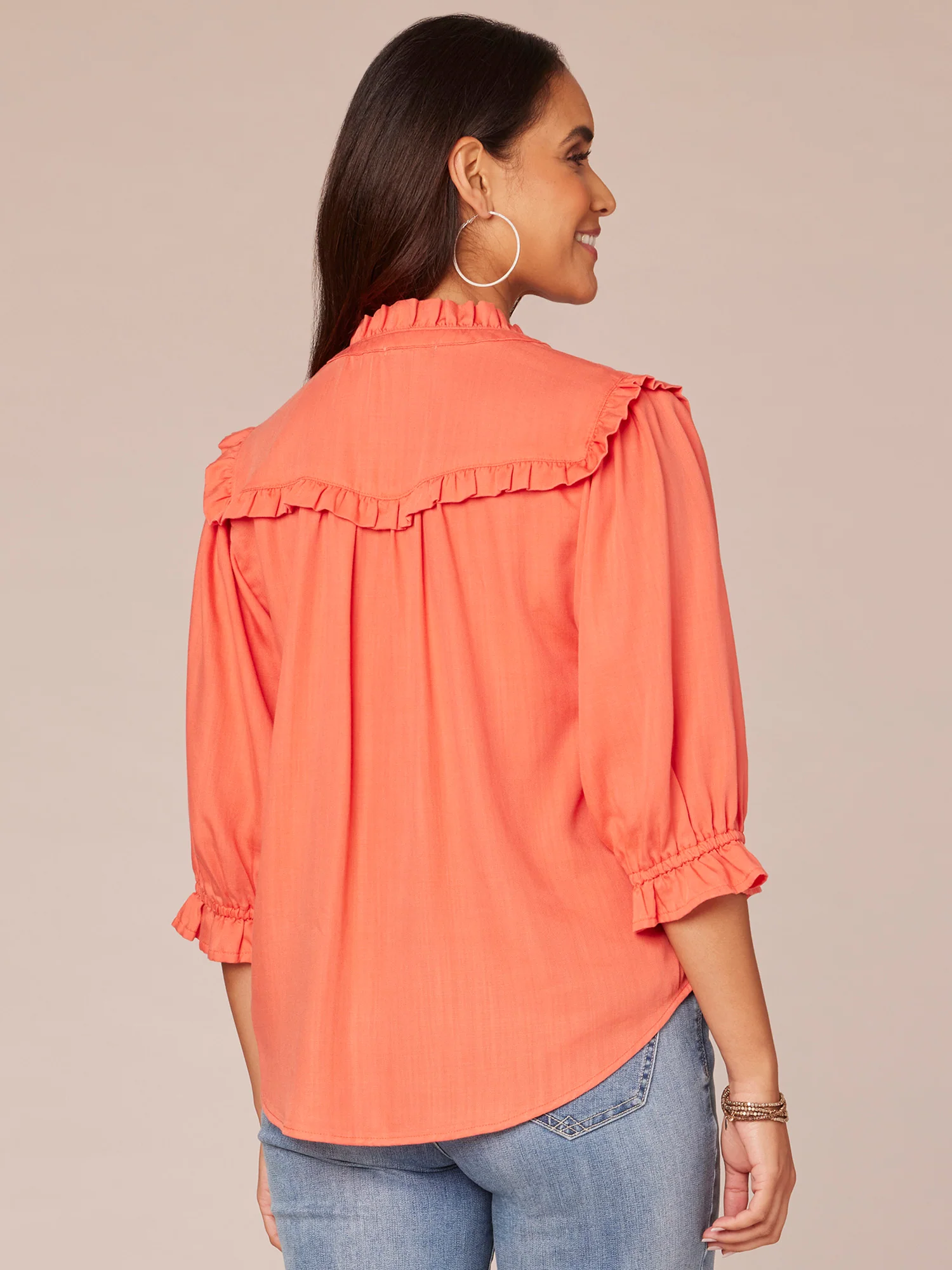 Elbow Lantern Sleeve Split V-Neck Ruffle Edge Placket Woven Shirt - Legahigh