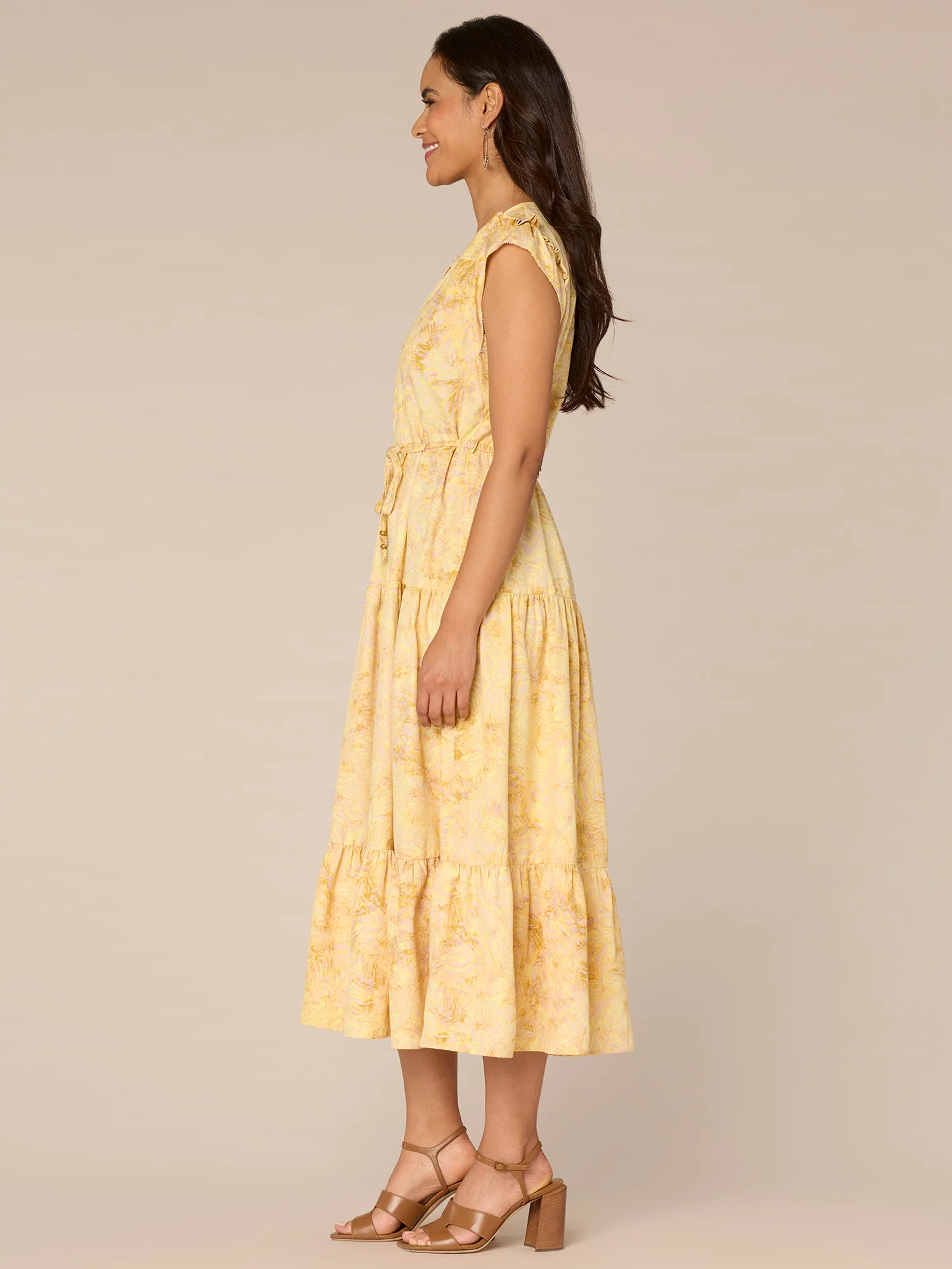 Ruffle Cap Sleeve Round Neck Elastic Waist Abstract Print Woven Dress - Legahigh