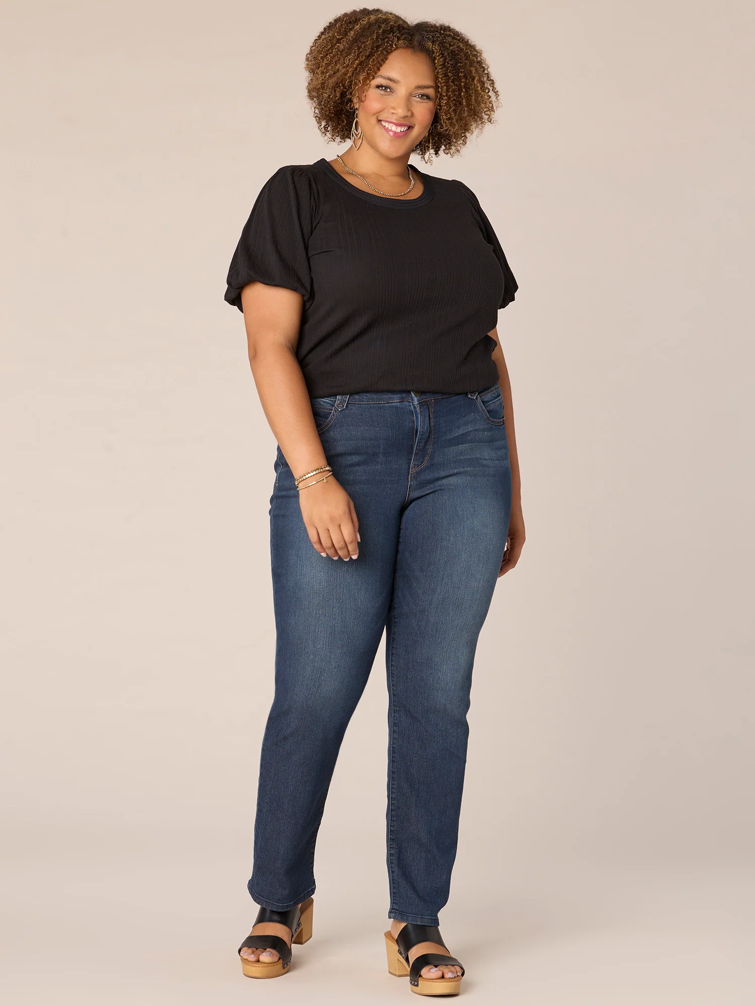 Short Blouson Bubble Sleeve Scoop Neck Ringer Plus Size Knit Top - Legahigh