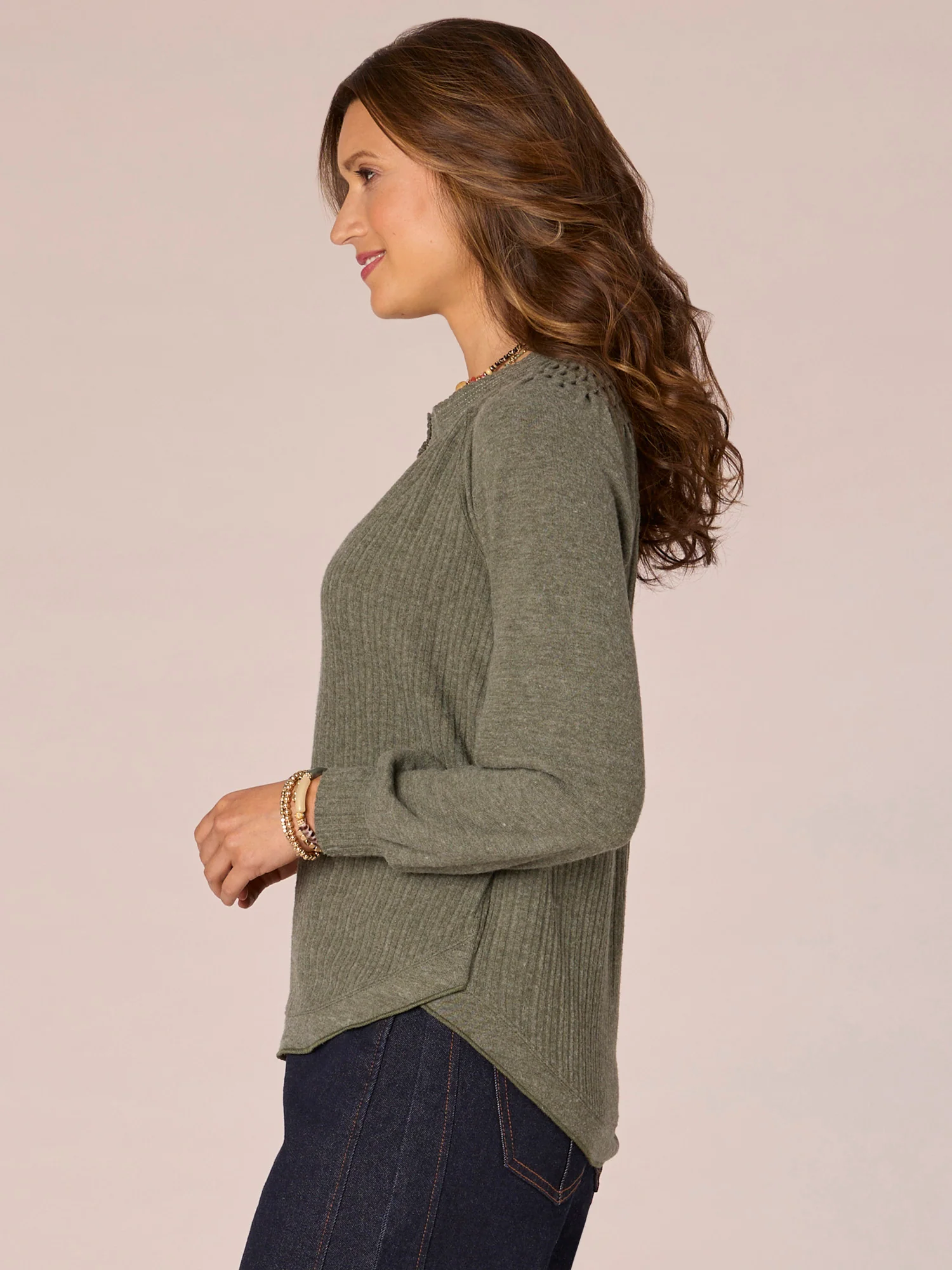 Long Blouson Sleeve Mandarin Collar V-Placket Petite Knit Top - Legahigh