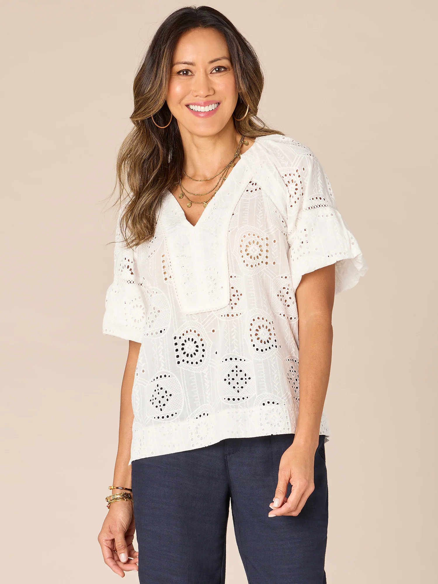 Short Bubble Sleeve Spliced V-Neck Embroidered Woven Top - Legahigh