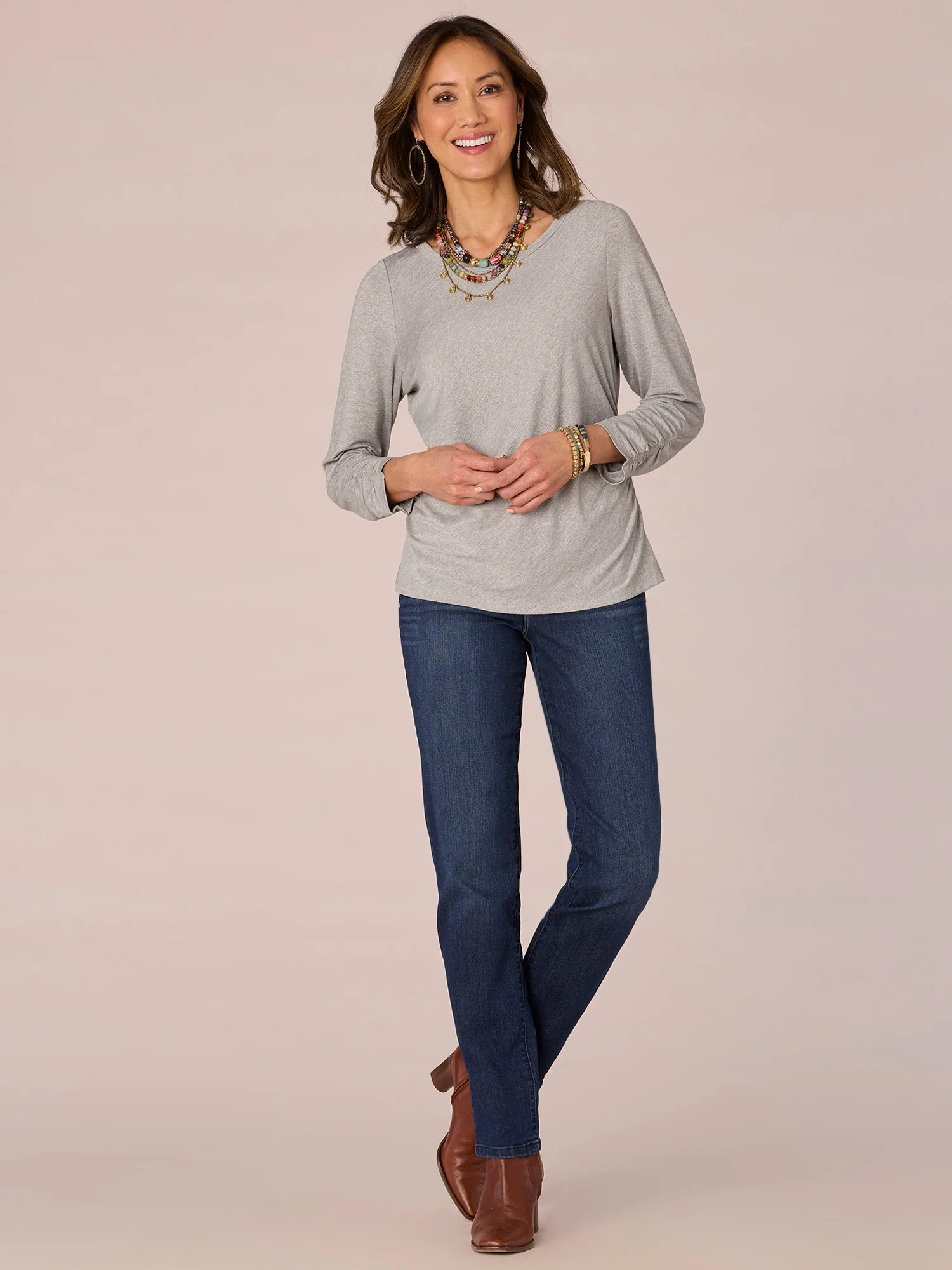 Three Quarter Sleeve Scoop Neck Ruched Side Shiny Petite Knit Top - Legahigh