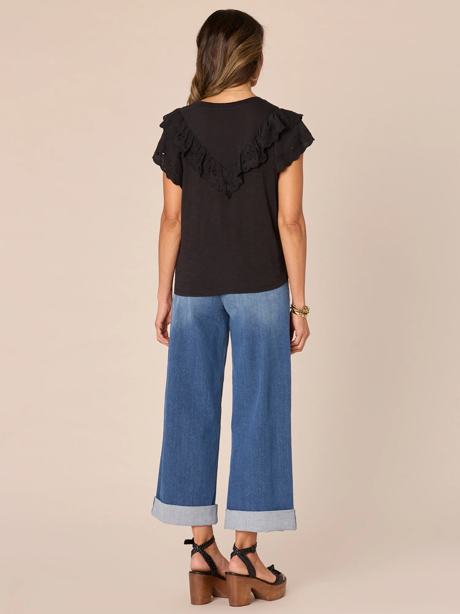 Short Double Ruffle Raglan Sleeve Scoop Neck Embroidered Knit Top - Legahigh