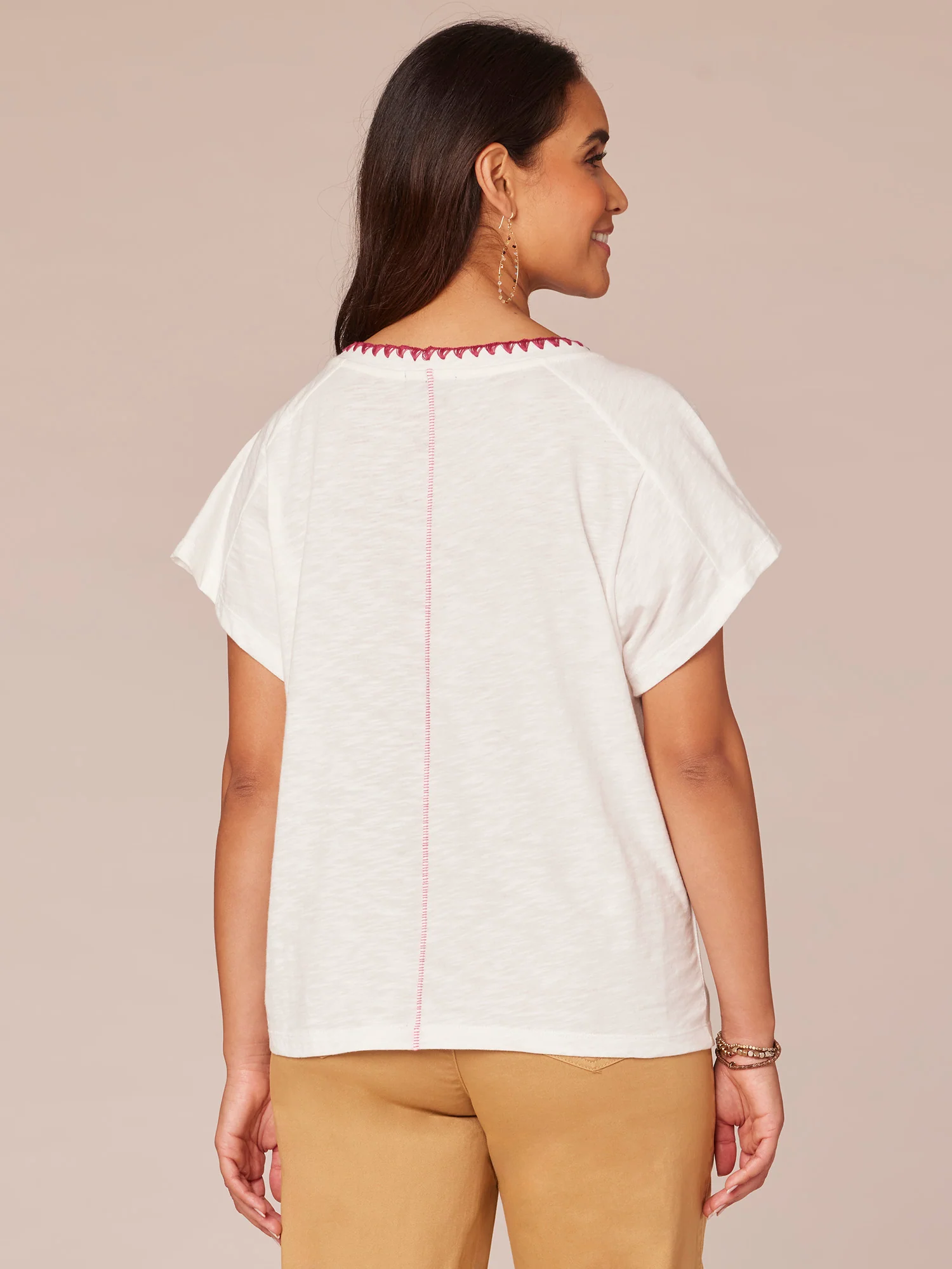 Short Sleeve Scoop Neck Petite Knit Boyfriend Tee with Embroidery - Legahigh