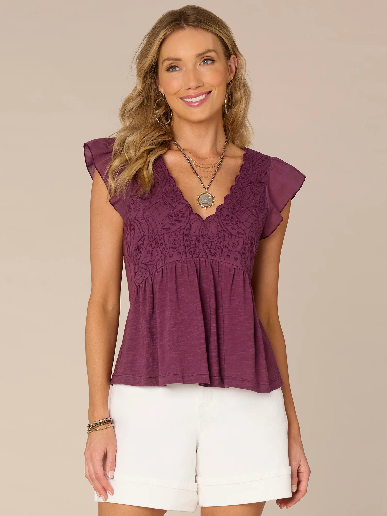 Flutter Sleeve V-Neck Mixed Media Knit Top with Die Cut Embroidery - Legahigh