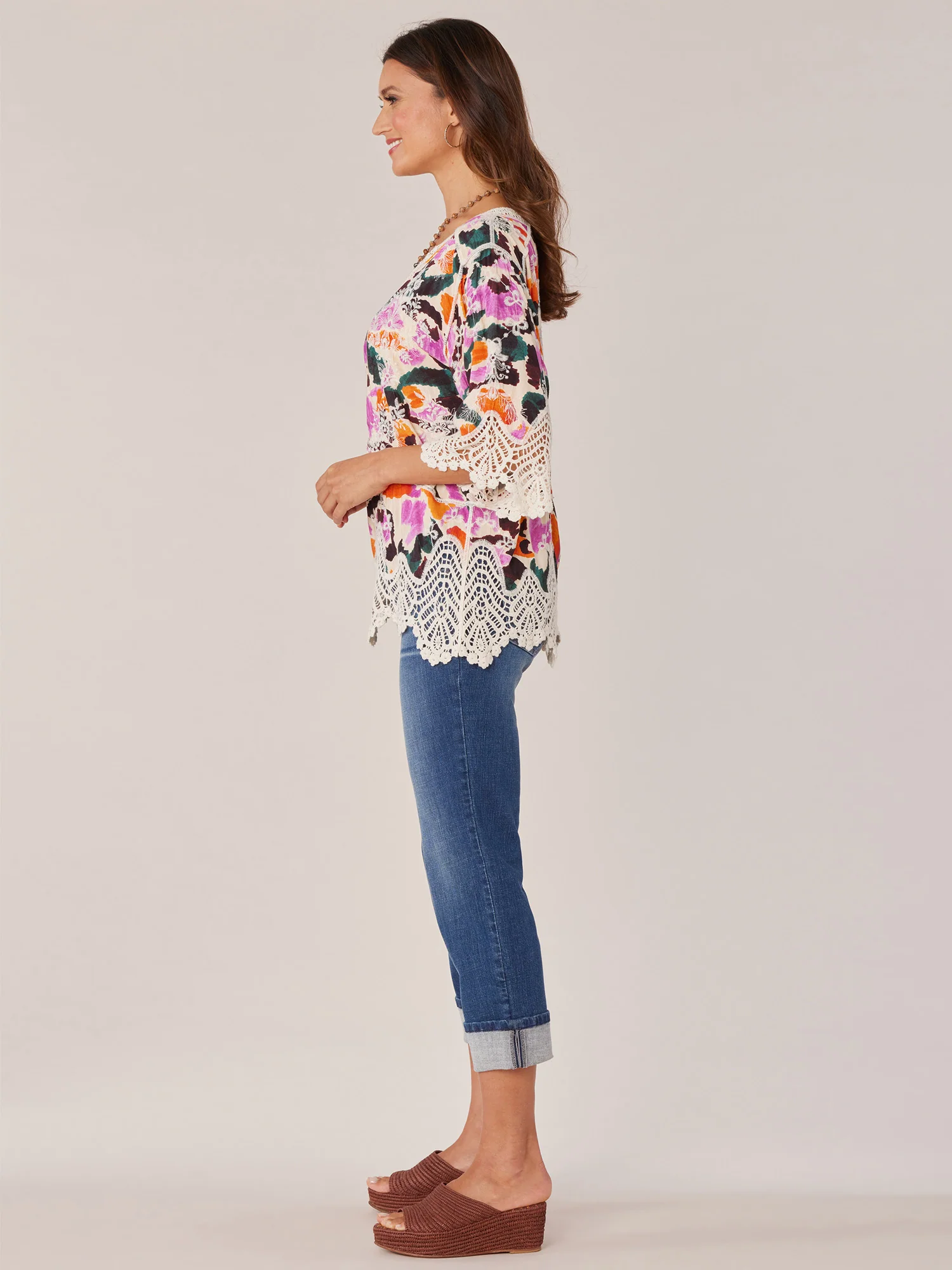 Three Quarter Sleeve V-Notch Neck Peplum Crochet Printed Woven Top - Legahigh