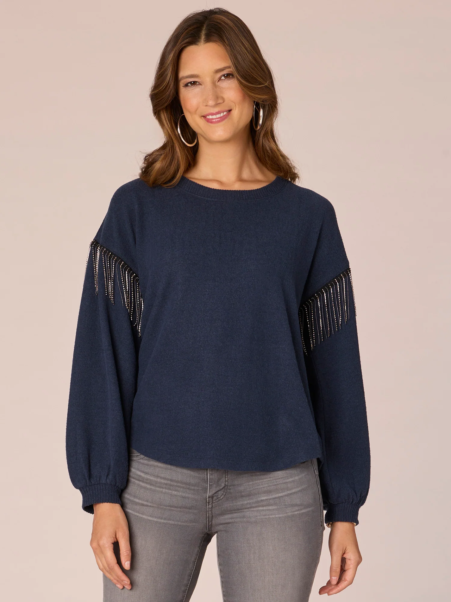 Long Drop Shoulder Sleeve Scoop Neck Rhinestone Fringe Knit Top - Legahigh