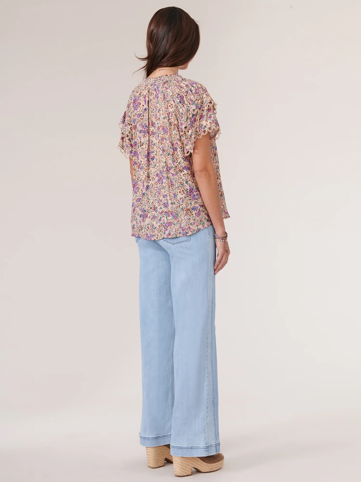 Short Double Flounce Sleeve Smock Neck Printed Woven Top - Legahigh