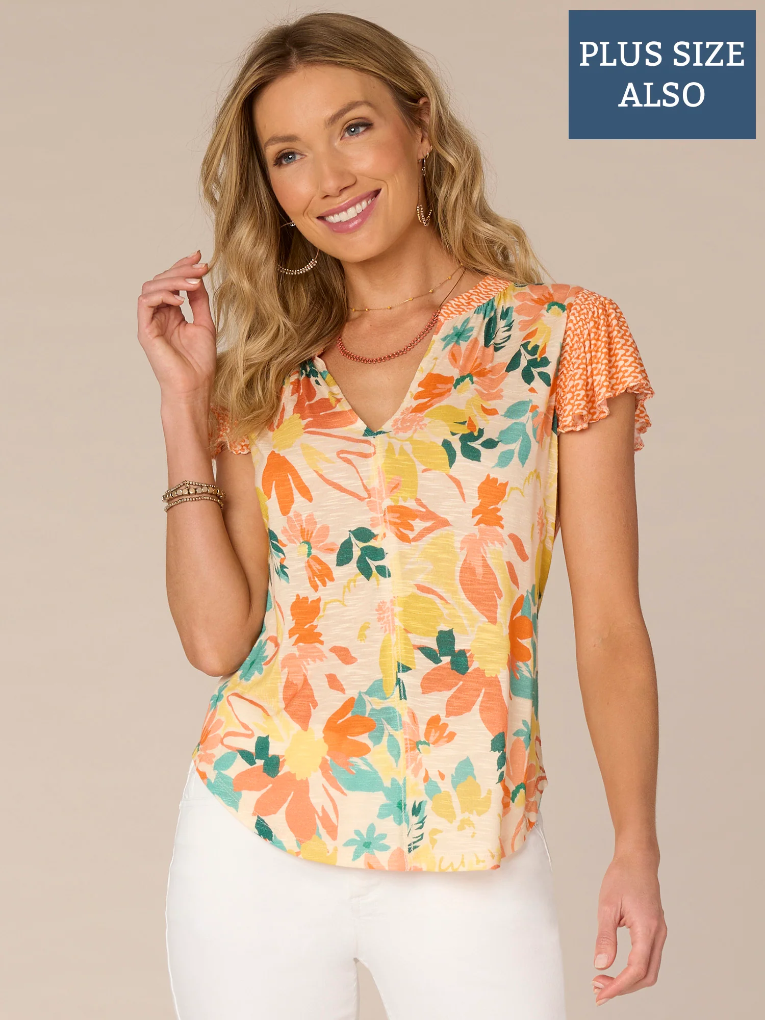 Flutter Sleeve V-Neck Mandarin Collar Floral Print Plus Size Knit Top - Legahigh