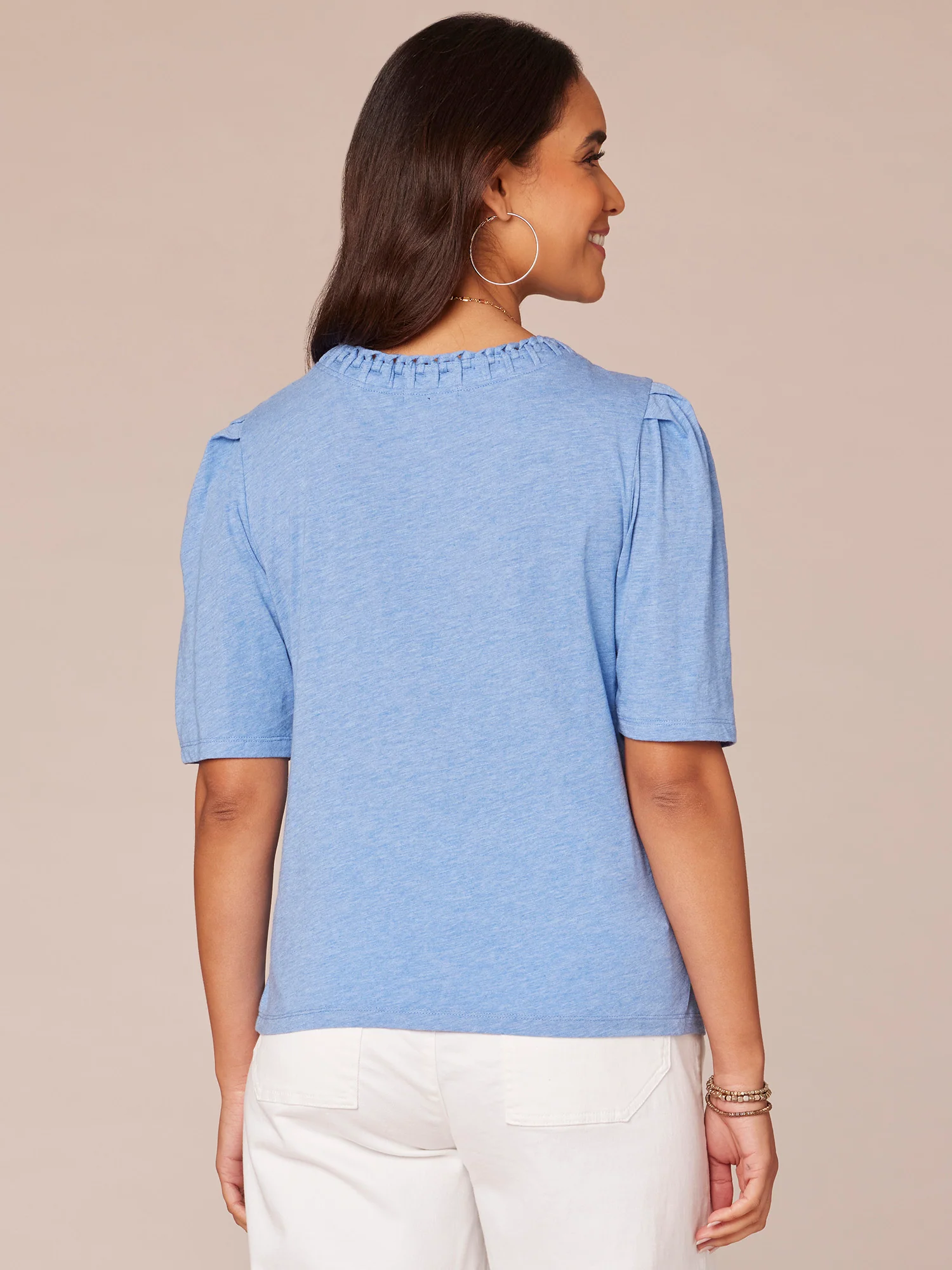 Pleated Elbow Sleeve Scoop Neck Knit Top with Soutache Detail - Legahigh