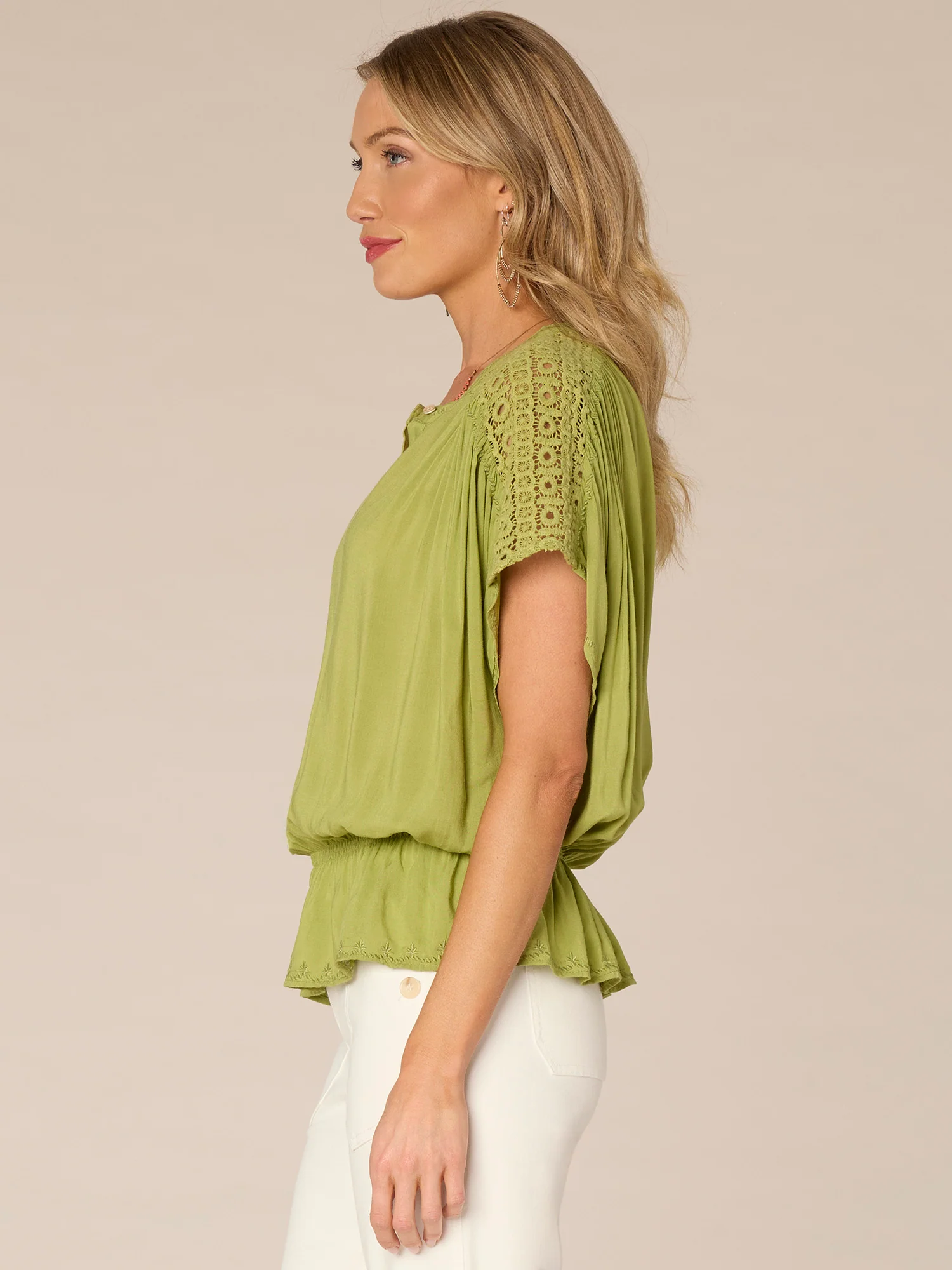 Short Sleeve Crochet Shoulder Stand Collar Peplum Hem Woven Top - Legahigh