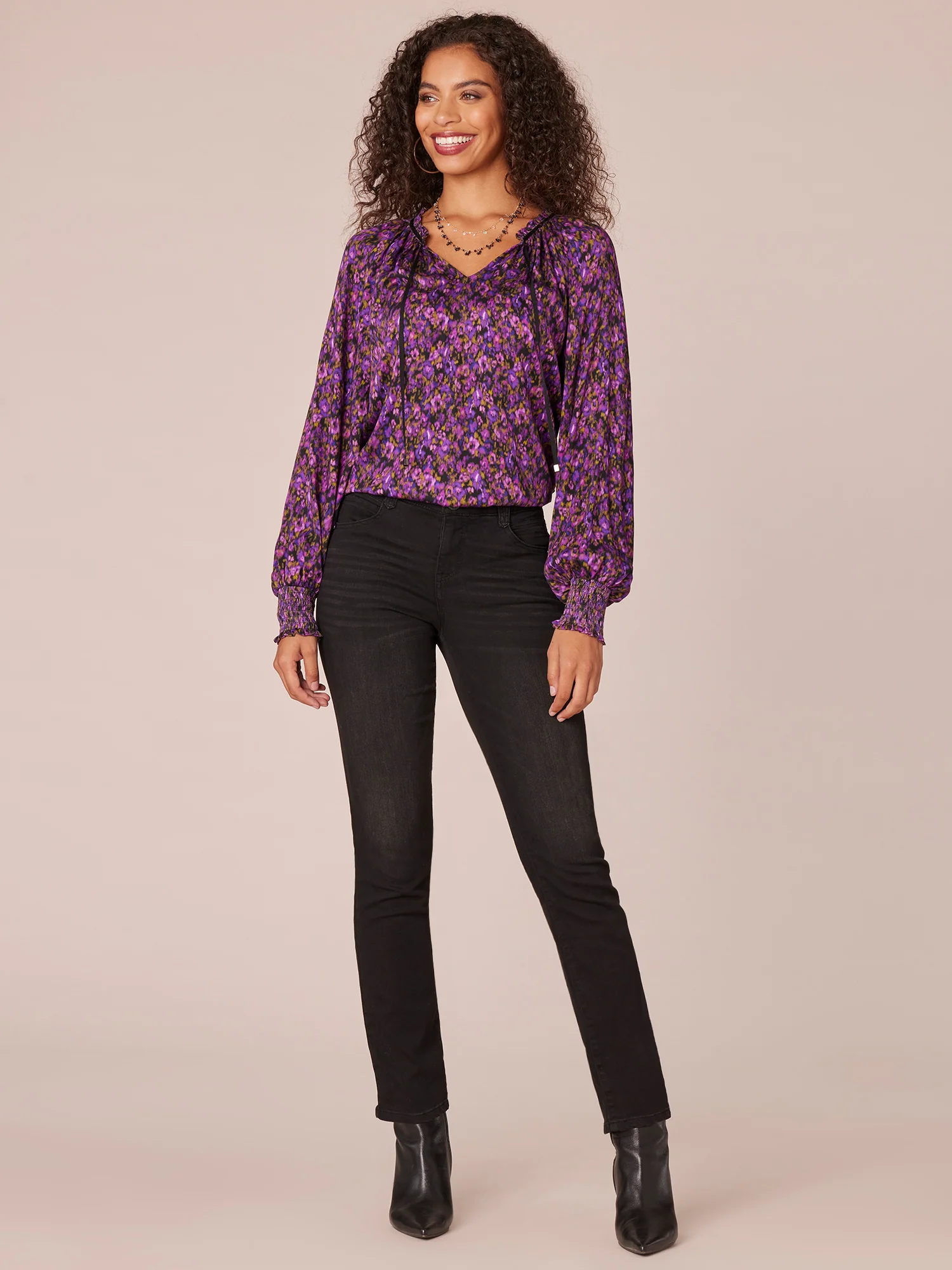 Long Smocked Cuff Sleeve V-Neck Printed Petite Woven Top - Legahigh