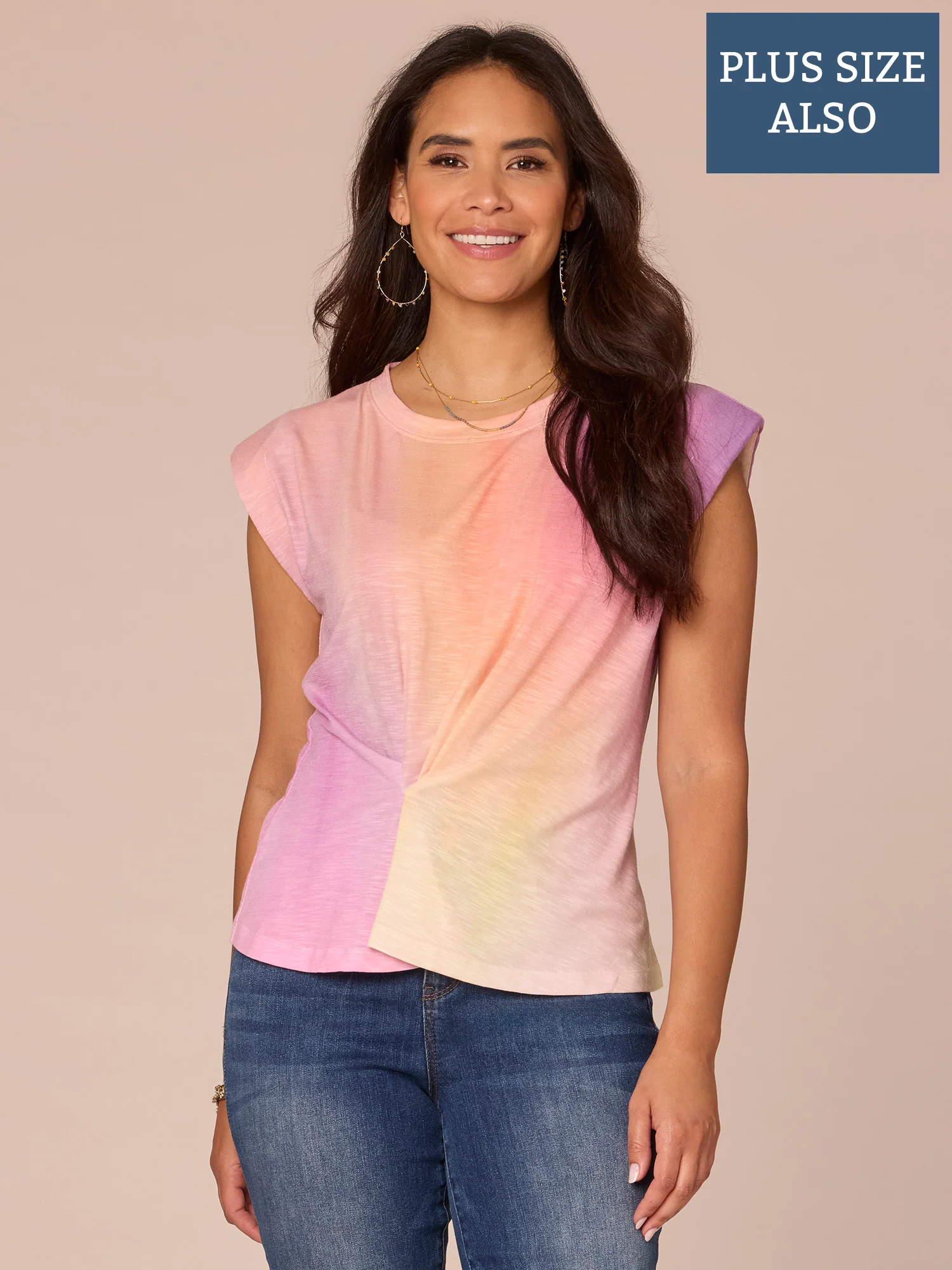 Short Sleeve Scoop Neck Twist Front Ombre Print Plus Size Knit Top - Legahigh