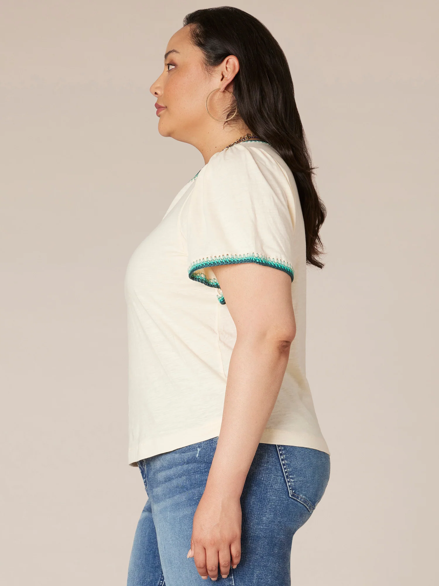 Short Bell Sleeve Crochet Trim V-Neck Plus Size Knit Top - Legahigh