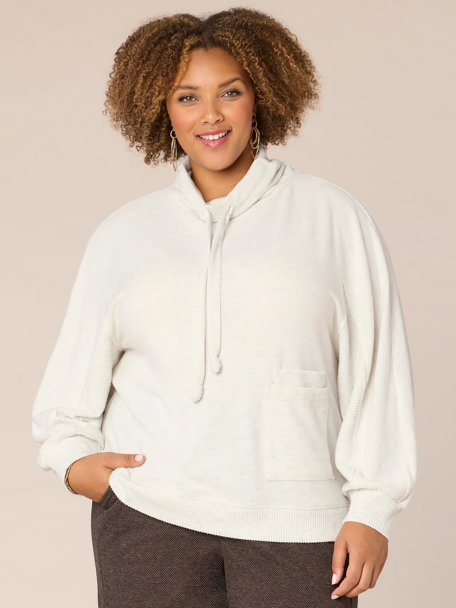 Blouson Sleeve Funnel Neck Double Pocket Plus Size Knit Top - Legahigh
