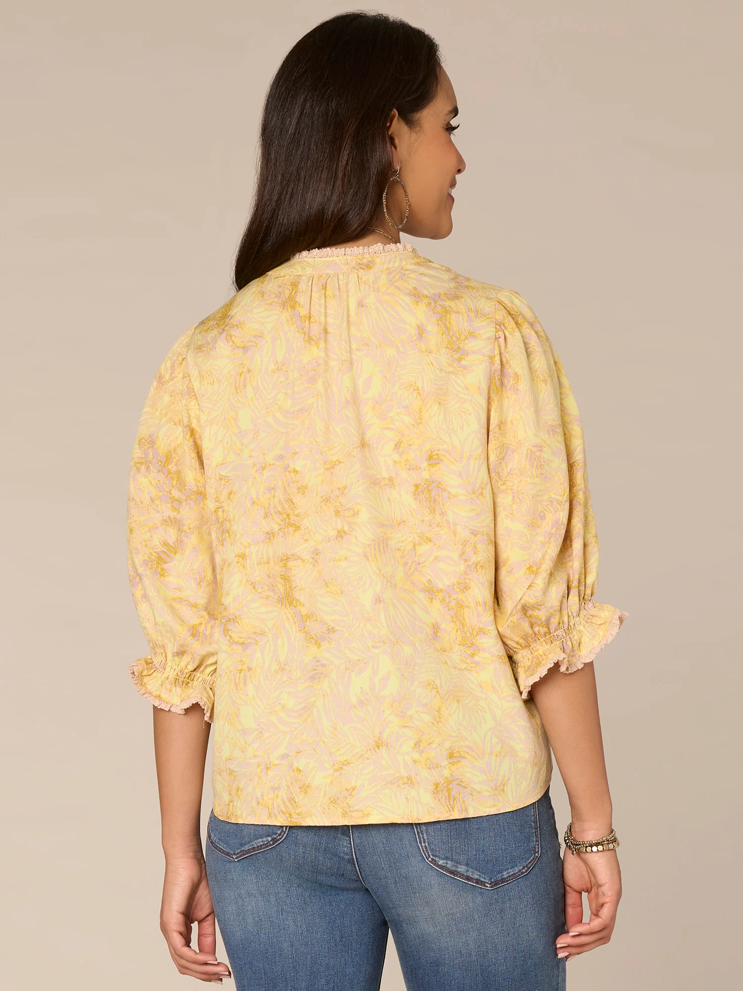 Elbow Lantern Sleeve Stand Collar Button Placket Leaf Print Woven Top - Legahigh