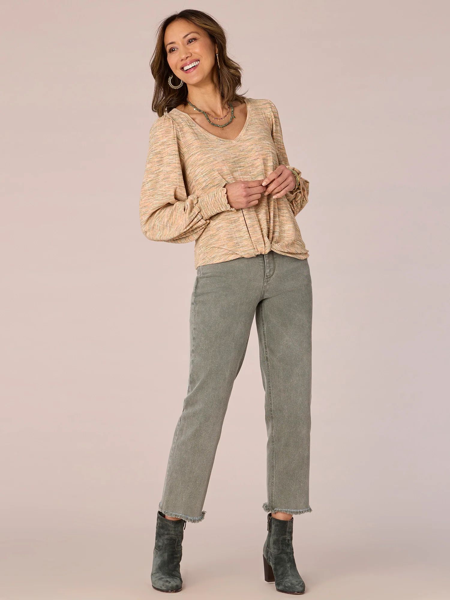 Smocked Blouson Sleeve V-Neck Twist Hem Space Dye Petite Knit Top - Legahigh