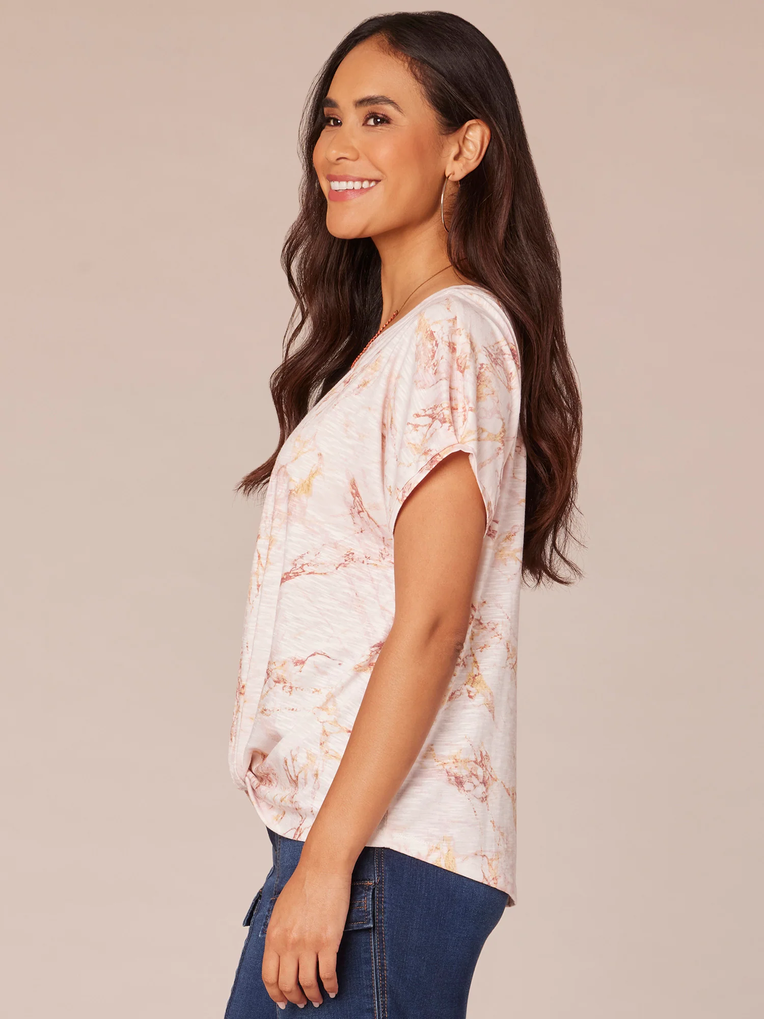 Petite Short Sleeve Scoop Neck Twist Hem Printed Knit Top - Legahigh