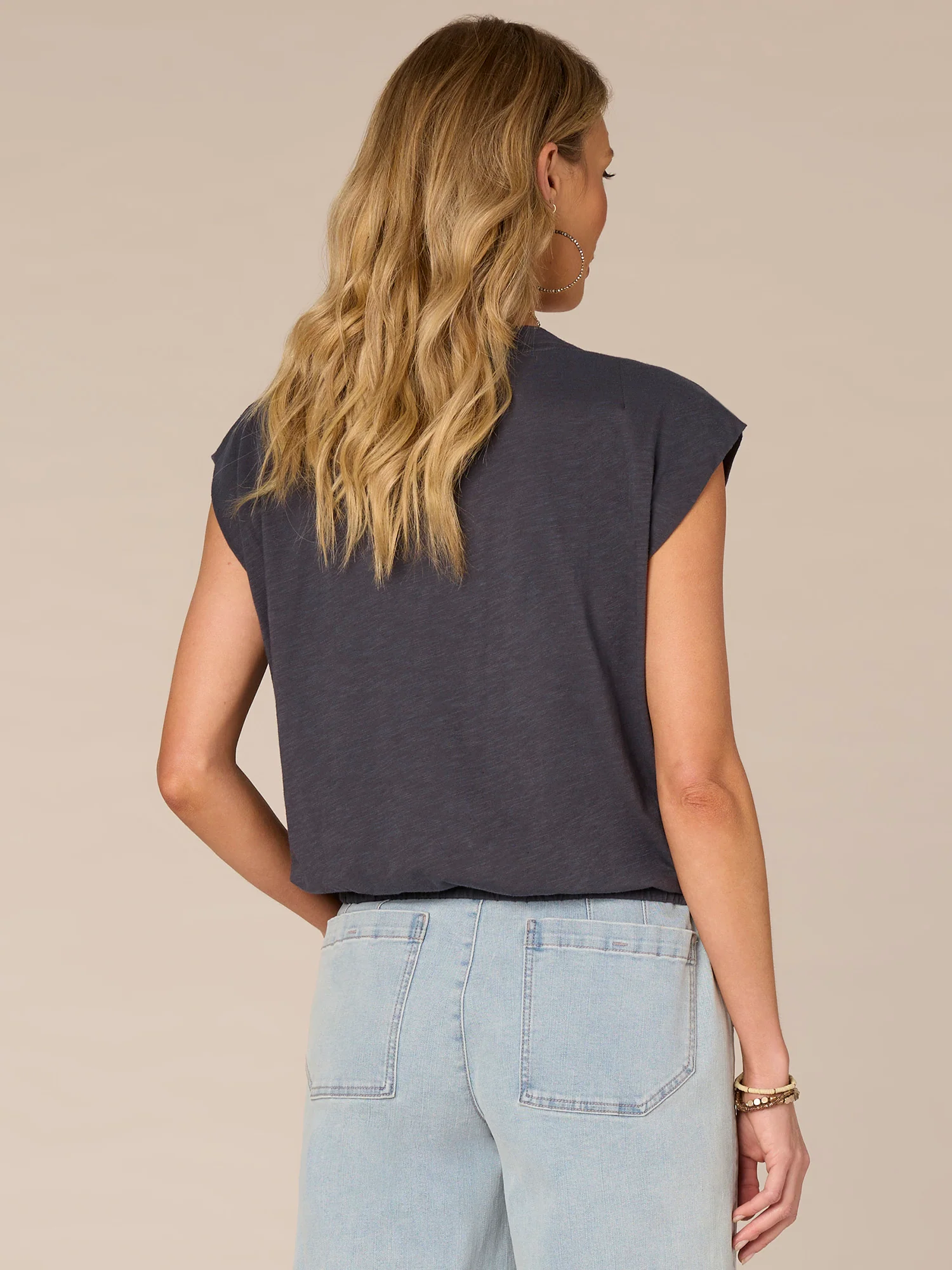 Origami Cap Sleeve Scoop Neck Cased Hem Screen Printed Knit Top - Legahigh