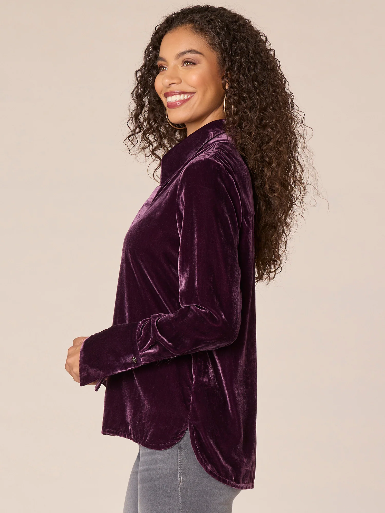 Long French Cuff Sleeve Button Down Velvet Petite Woven Shirt - Legahigh