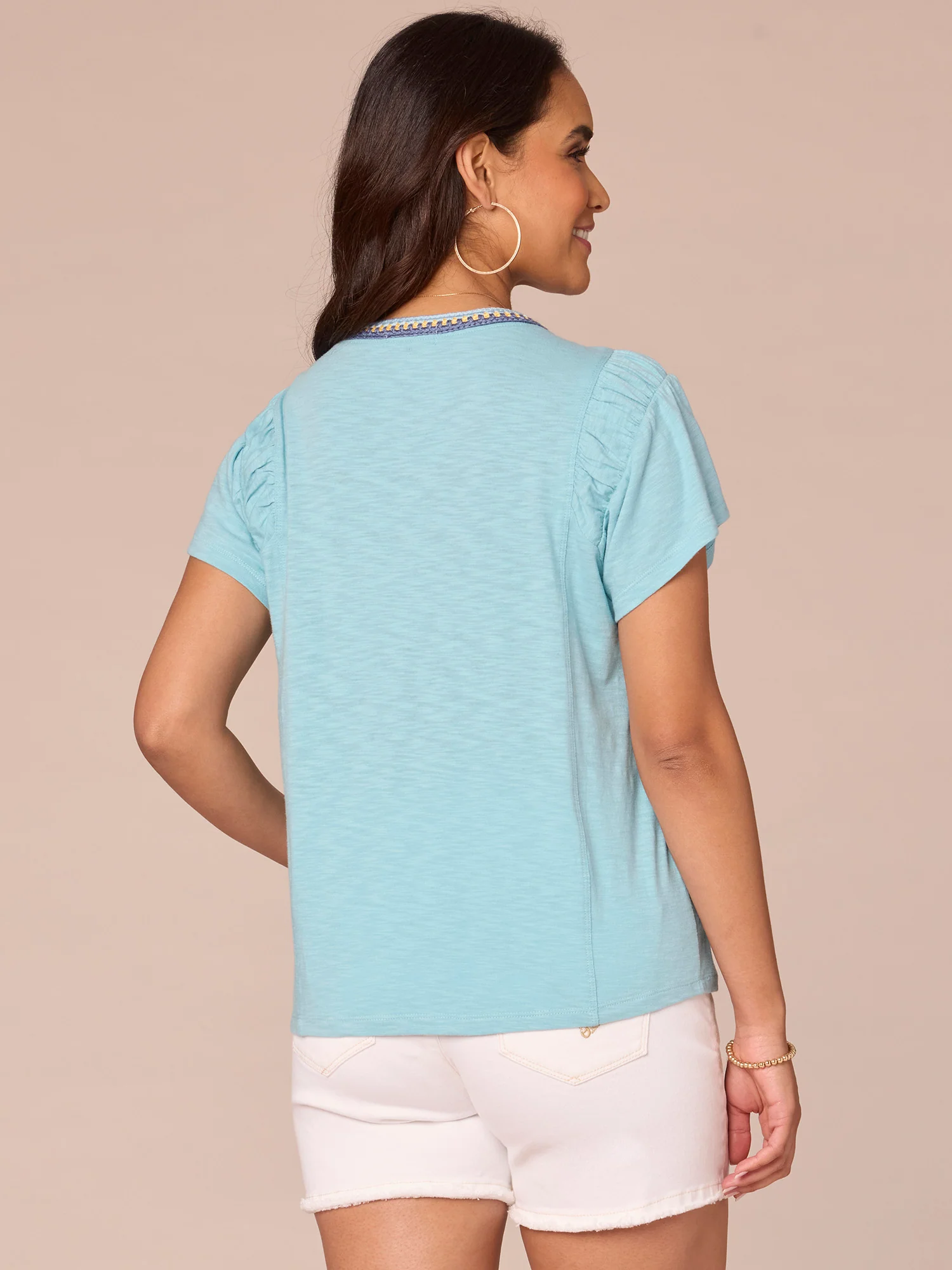 Short Flutter Sleeve Scoop Crochet Neck Knit Top with Ruched Armholes - Legahigh