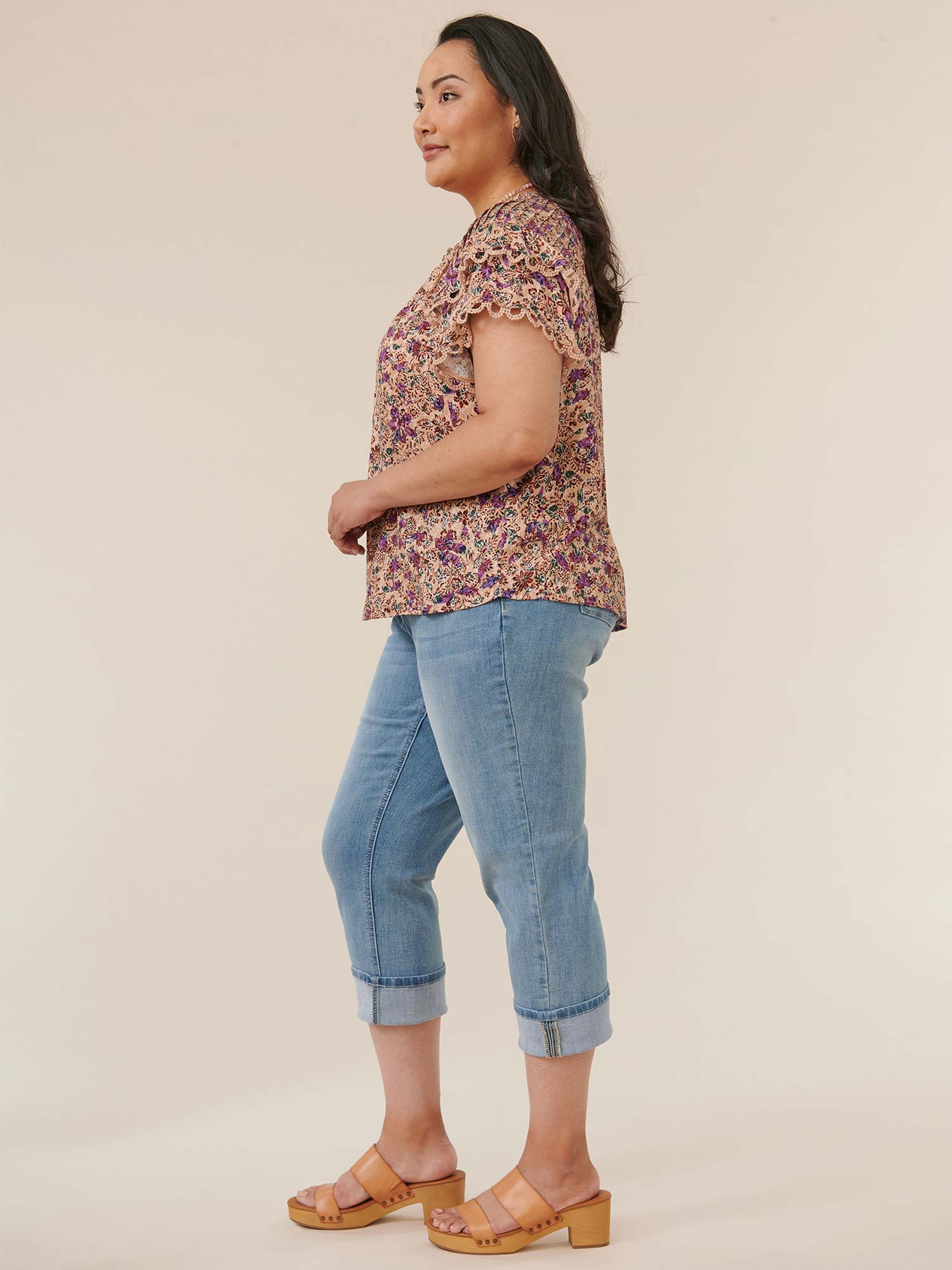 Double Flounce Sleeve V-Neck Paisley Printed Plus Size Woven Top - Legahigh