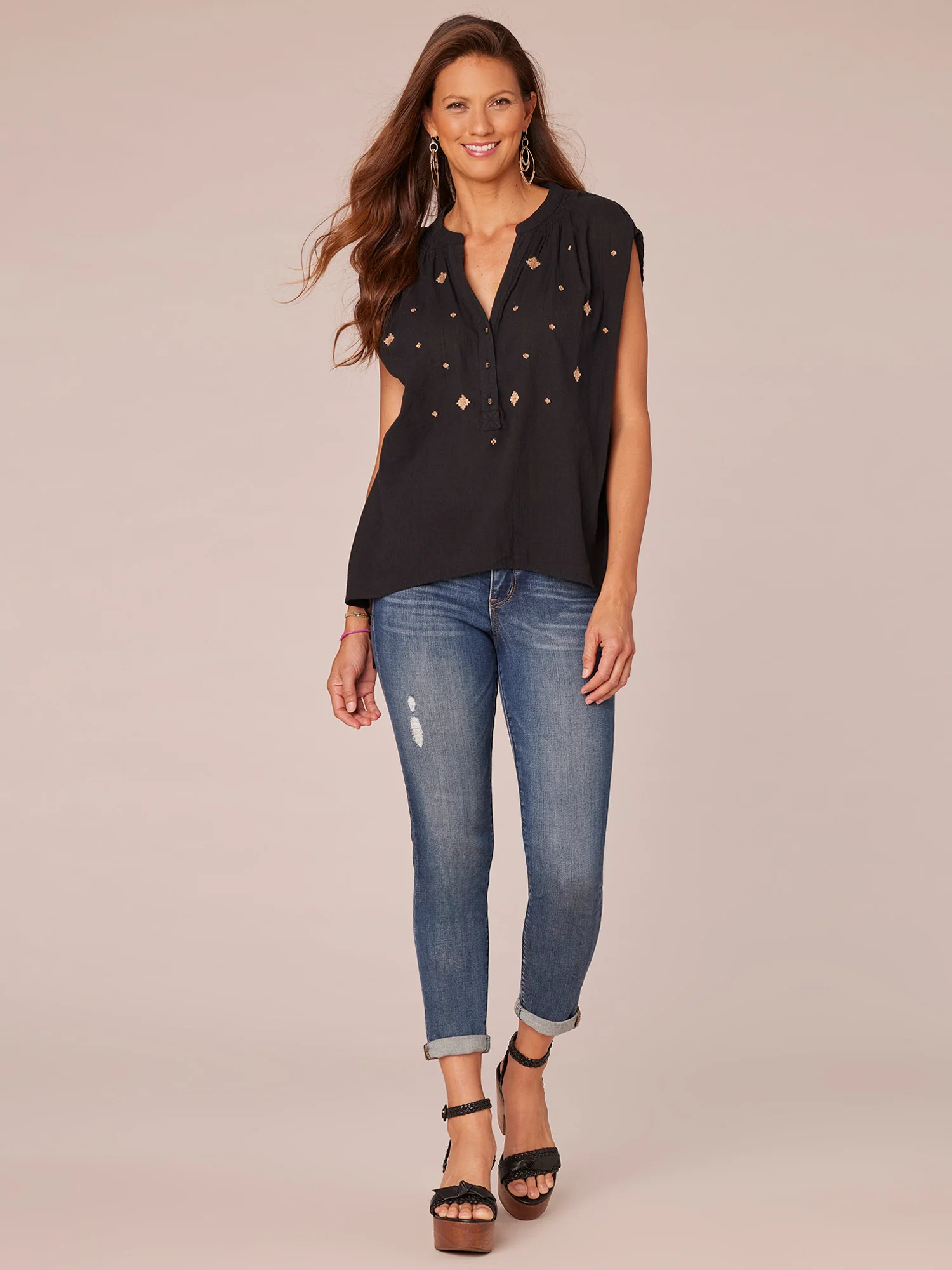 Extended Shoulder Cap Sleeve Stand Collar Jacquard Tassel Woven Top - Legahigh